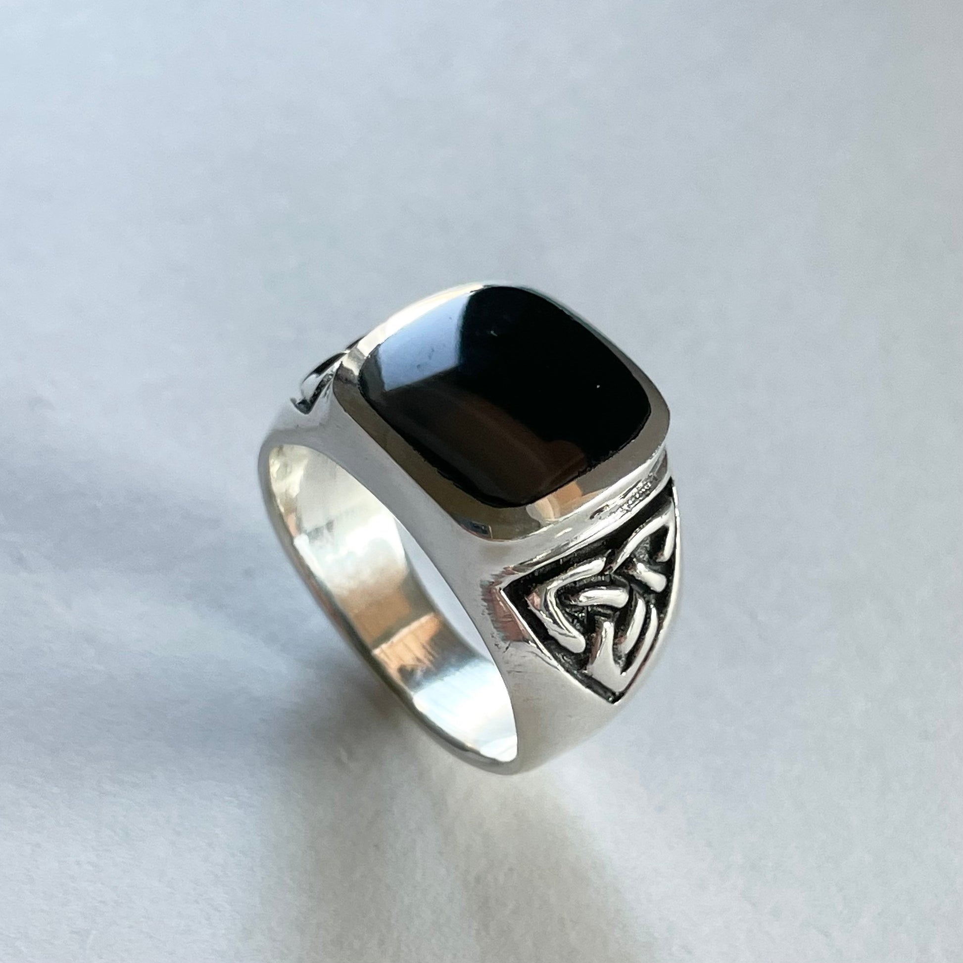 Sterling Silver Unisex Heavy Large Celtic Square Black Agate Band, Silver Black Agate Ring, Celtic Wedding Ring, Boho Ring, Statement Ring,