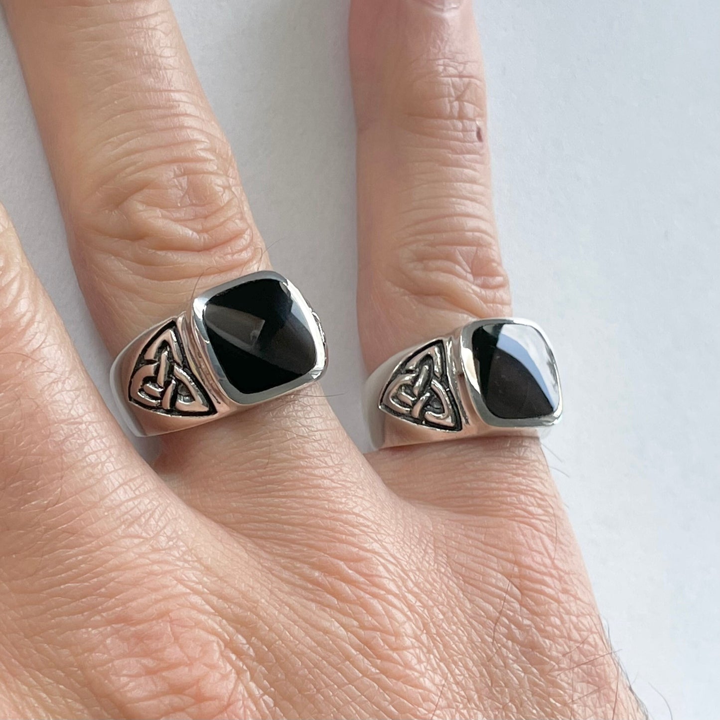 Sterling Silver Unisex Heavy Large Celtic Square Black Agate Band, Silver Black Agate Ring, Celtic Wedding Ring, Boho Ring, Statement Ring,