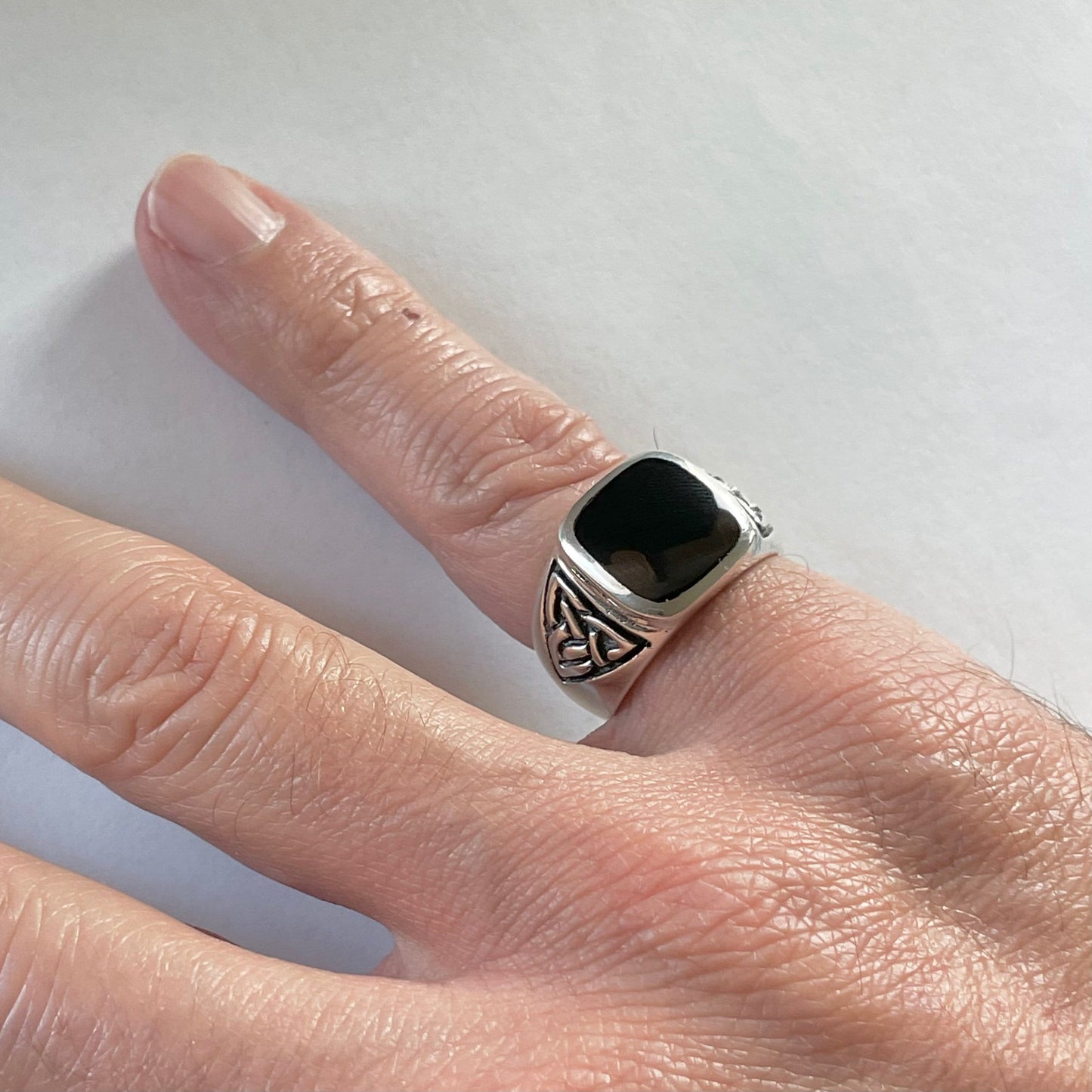 Sterling Silver Unisex Heavy Large Celtic Square Black Agate Band, Silver Black Agate Ring, Celtic Wedding Ring, Boho Ring, Statement Ring,