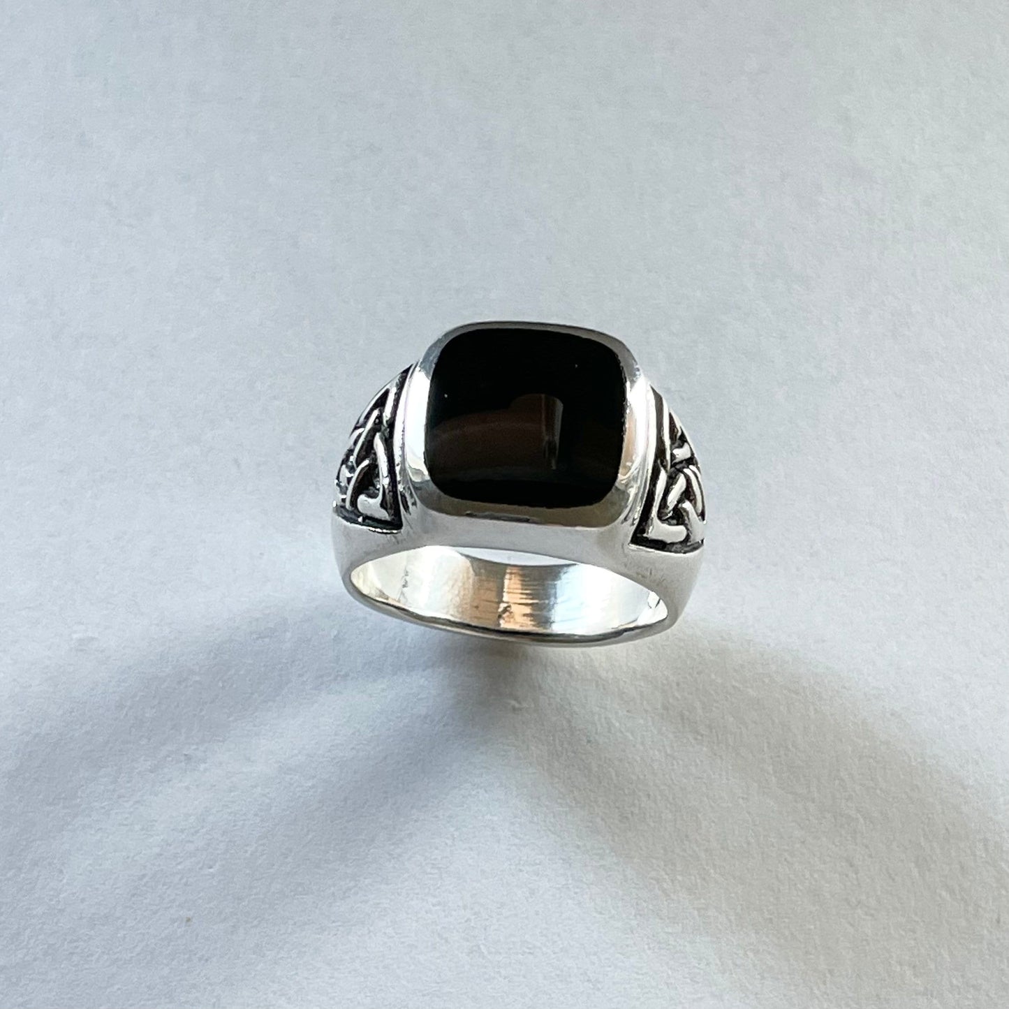 Sterling Silver Unisex Heavy Large Celtic Square Black Agate Band, Silver Black Agate Ring, Celtic Wedding Ring, Boho Ring, Statement Ring,