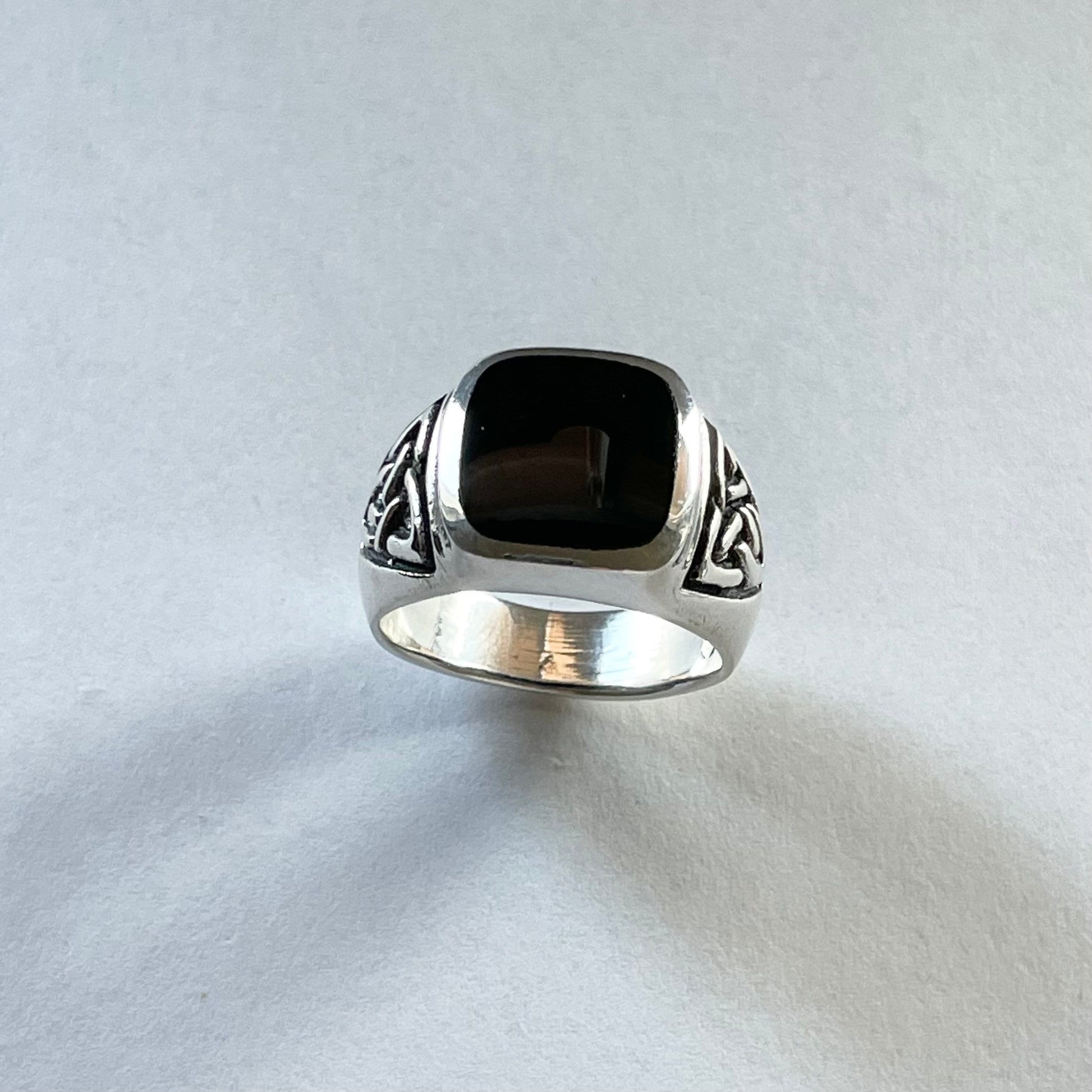 Sterling Silver Unisex Heavy Large Celtic Square Black Agate Band, Silver Black Agate Ring, Celtic Wedding Ring, Boho Ring, Statement Ring,