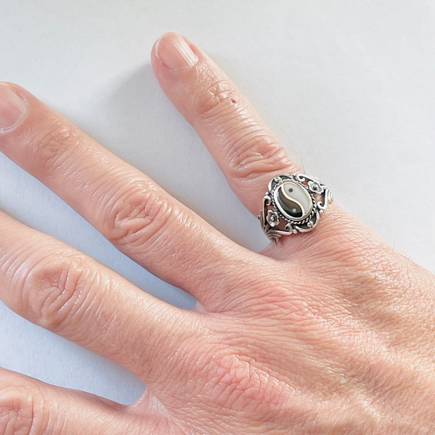 Sterling Silver Yin Yang Ring: Floral Boho Yoga Jewelry