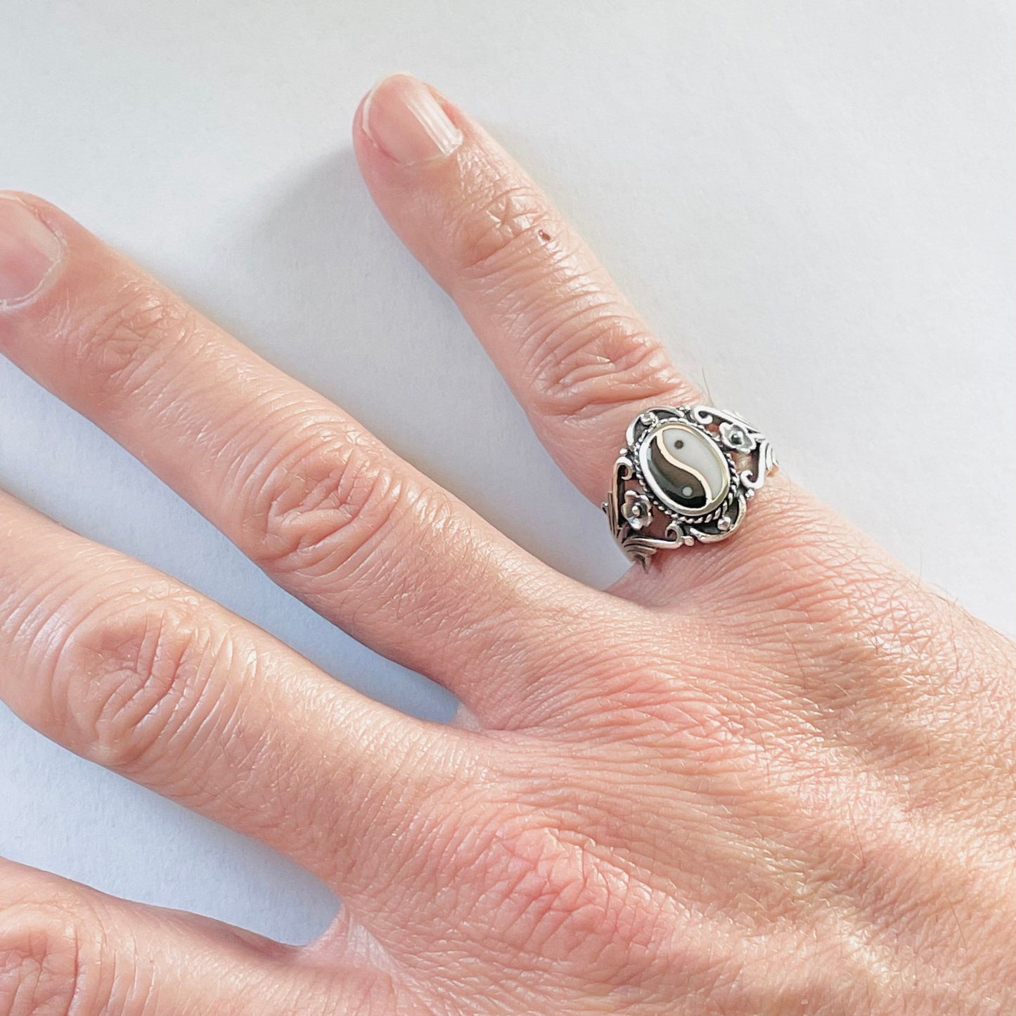Sterling Silver Yin Yang Ring: Floral Boho Yoga Jewelry