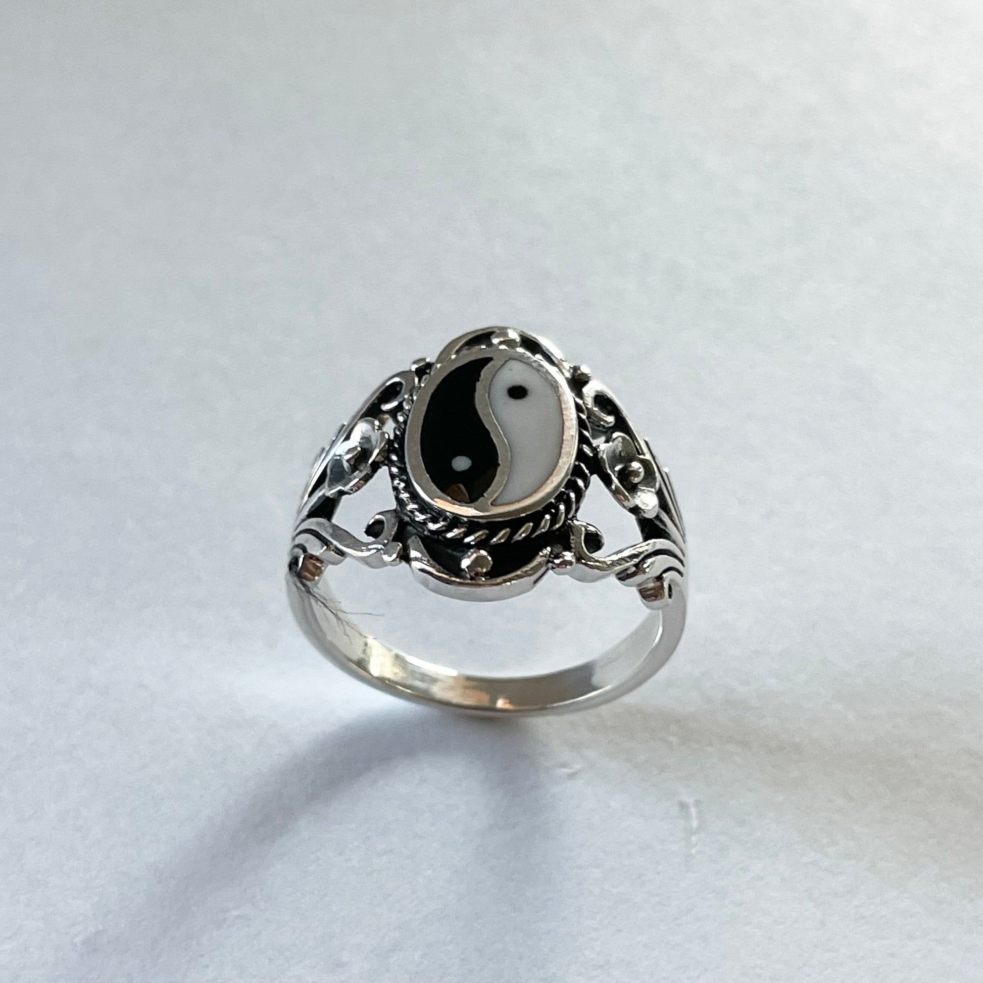 Sterling Silver Yin Yang Ring: Floral Boho Yoga Jewelry