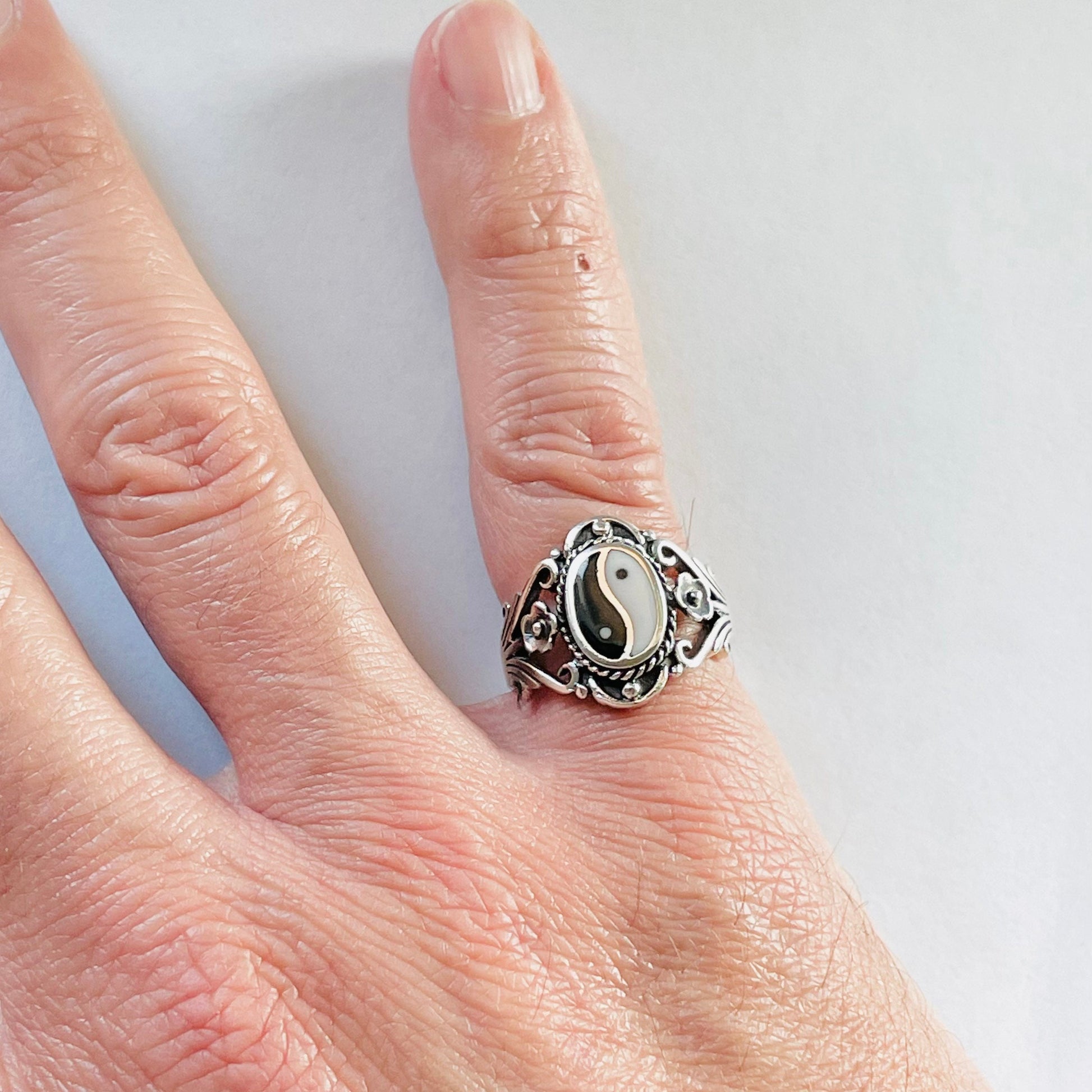 Sterling Silver Yin Yang Ring: Floral Boho Yoga Jewelry