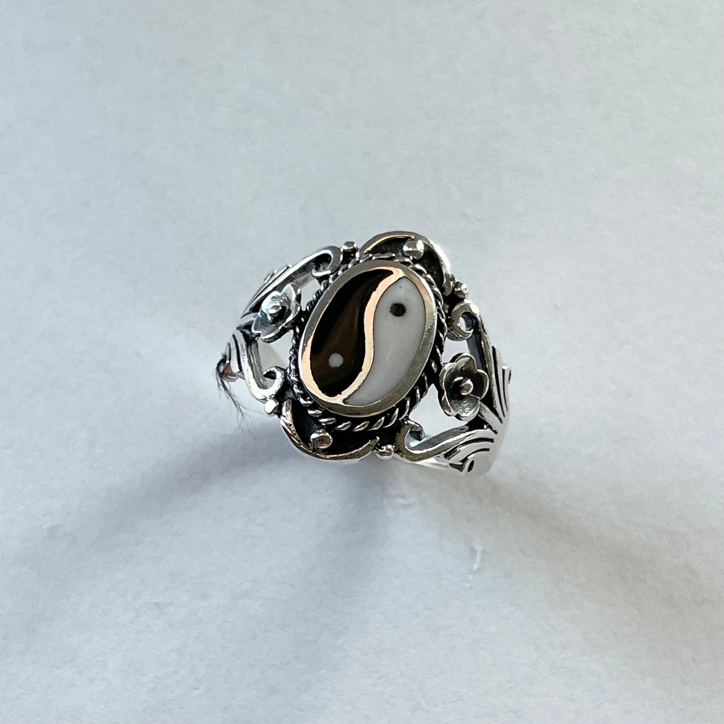 Sterling Silver Yin Yang Ring: Floral Boho Yoga Jewelry