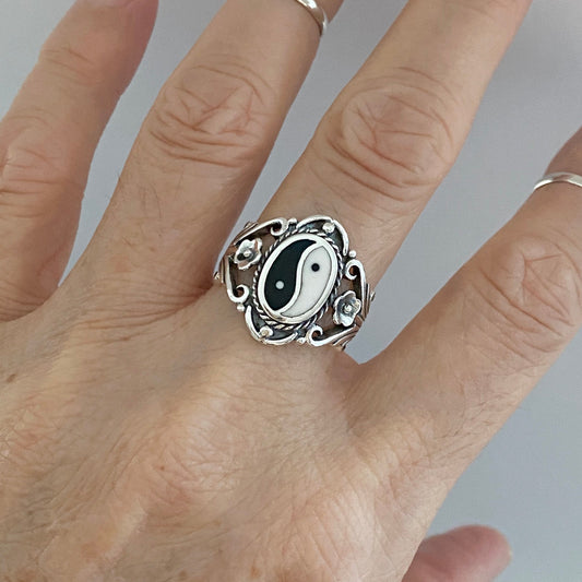 Sterling Silver Yin Yang Ring: Floral Boho Yoga Jewelry