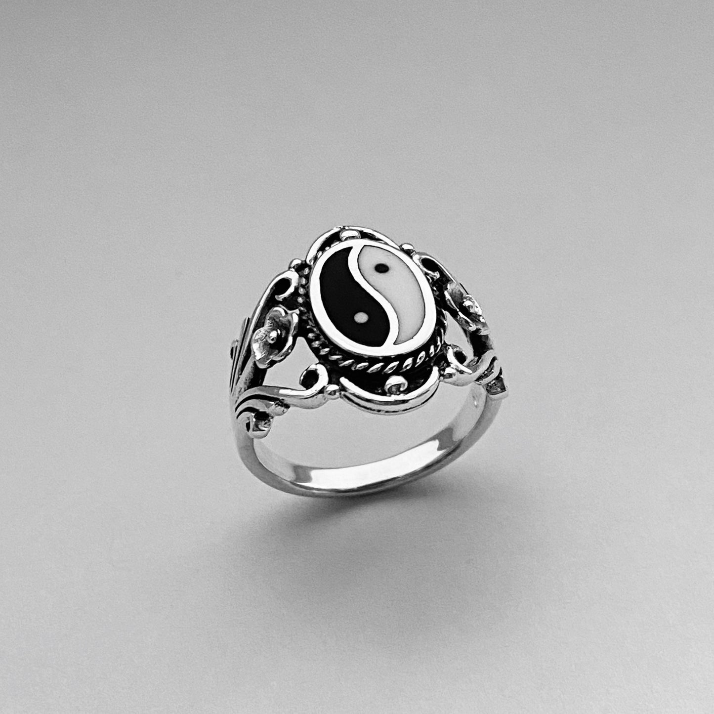 Sterling Silver Yin Yang Ring: Floral Boho Yoga Jewelry