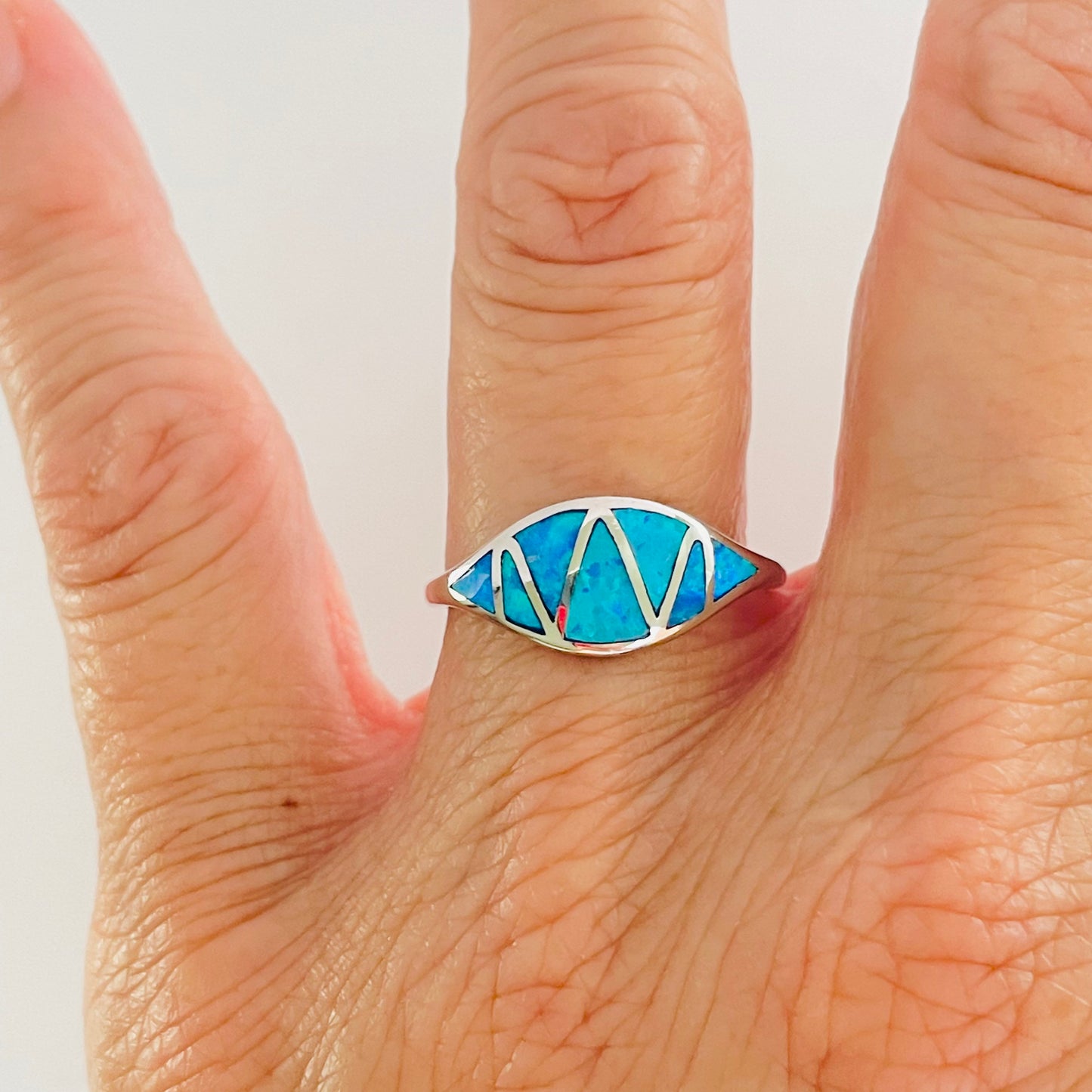 Sterling Silver Zigzag Blue Lab Opal Ring: Boho Statement Jewelry