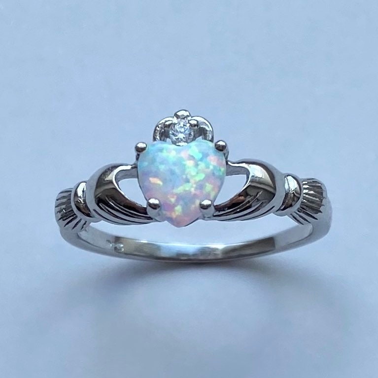 Sterling Silver Heart Claddagh Ring: White Opal & CZ
