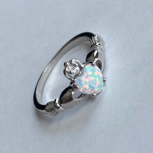 Sterling Silver Heart Claddagh Ring: White Opal & CZ