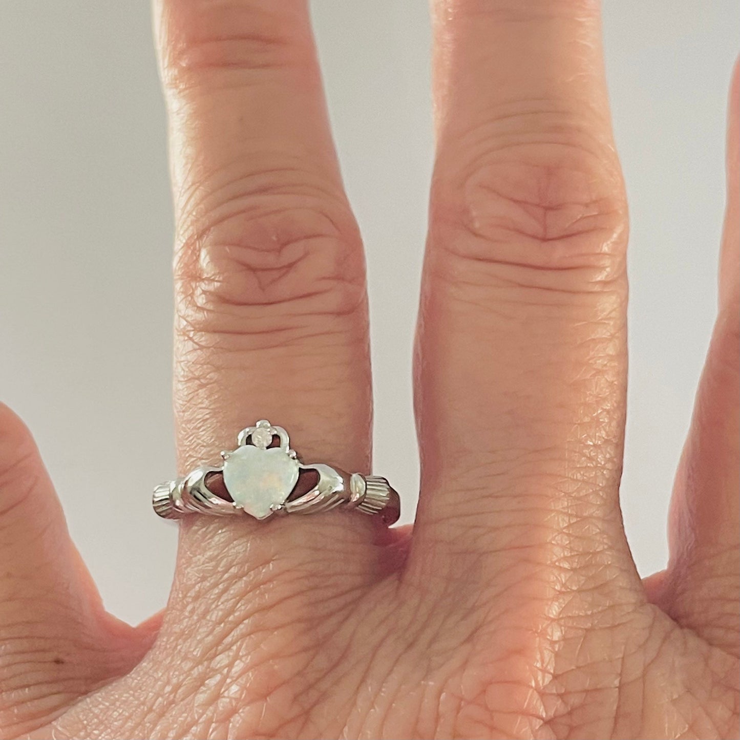 Sterling Silver Heart Claddagh Ring: White Opal & CZ