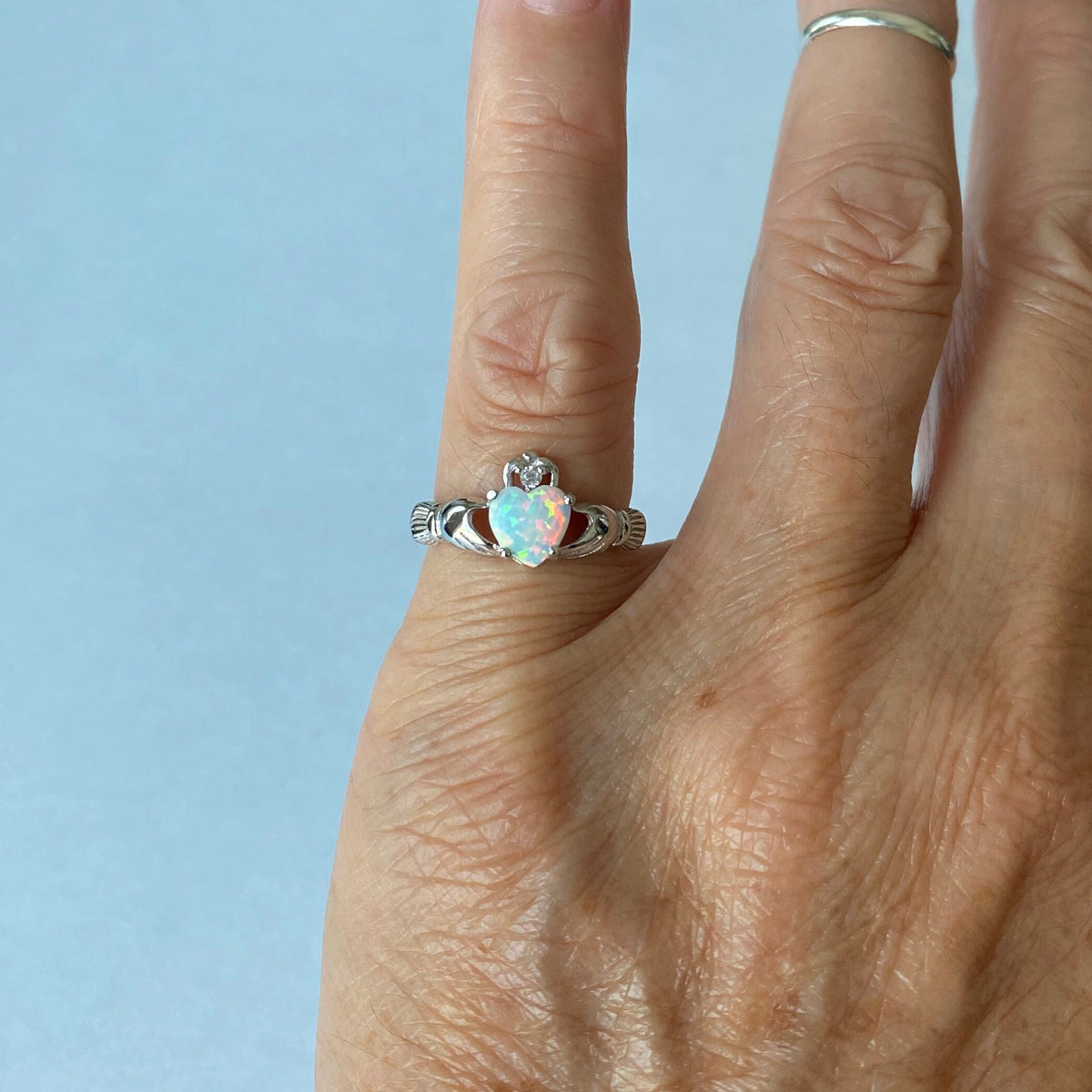 Sterling Silver Heart Claddagh Ring: White Opal & CZ