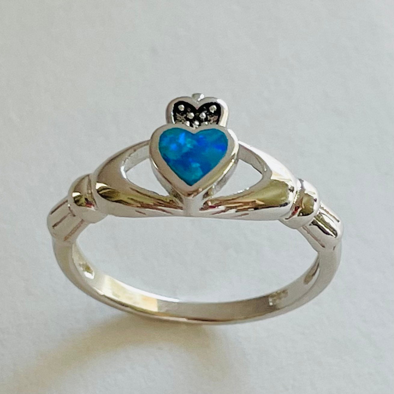 Blue Opal Claddagh Sterling Silver Ring, Irish Opal Ring, Loyalty Ring, Silver Claddagh Ring, Promise Irish Ring, Irish Friendship Ring