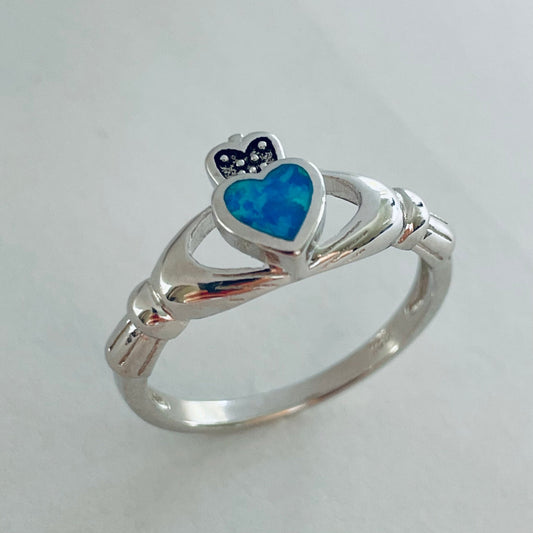 Blue Opal Claddagh Sterling Silver Ring, Irish Opal Ring, Loyalty Ring, Silver Claddagh Ring, Promise Irish Ring, Irish Friendship Ring