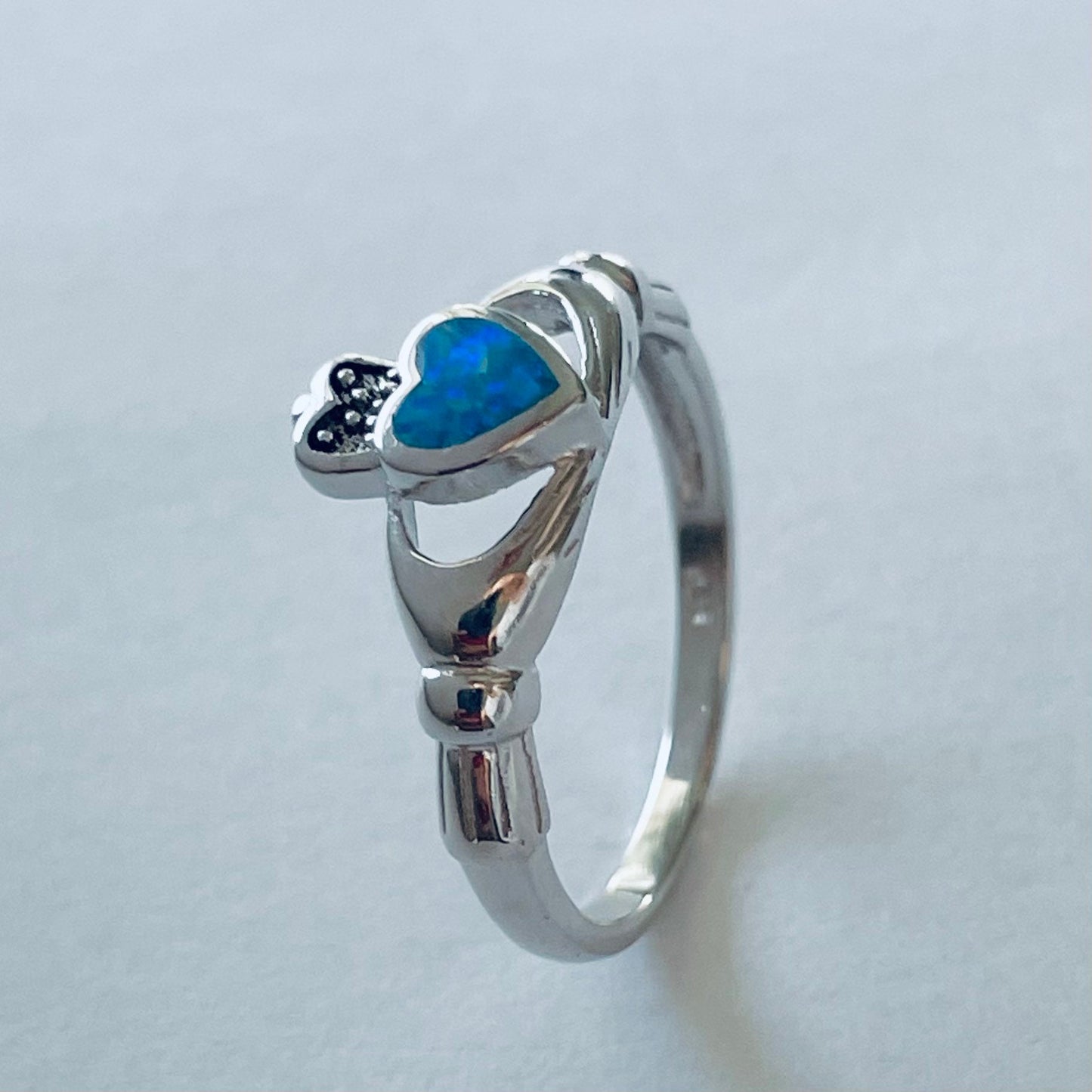 Blue Opal Claddagh Sterling Silver Ring, Irish Opal Ring, Loyalty Ring, Silver Claddagh Ring, Promise Irish Ring, Irish Friendship Ring