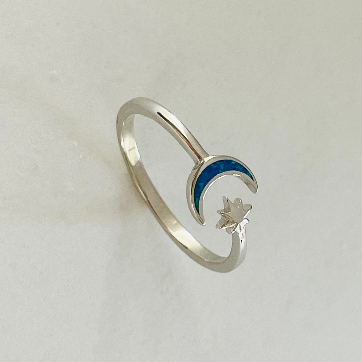 Sterling Silver Moon and Star Ring: Blue Lab Opal Celestial Jewelry