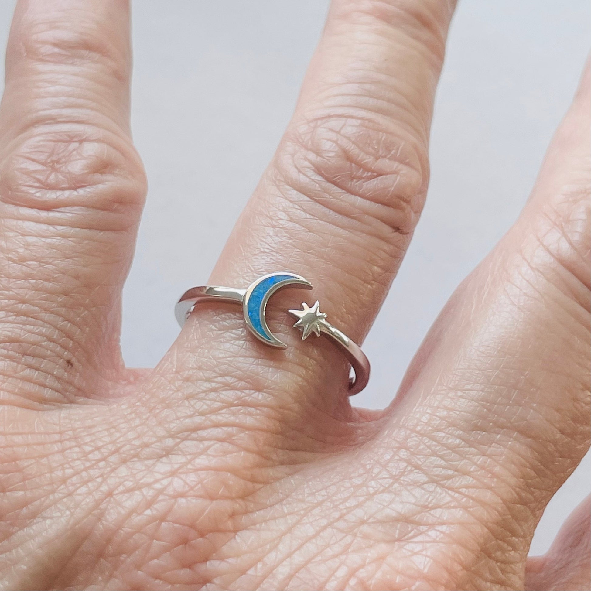 Sterling Silver Danity Twinkle Star and Half Moon Blue Lab Opal Ring, Celestial Moon Ring, Boho Ring, Moon Promise Ring, Promise Star Ring,