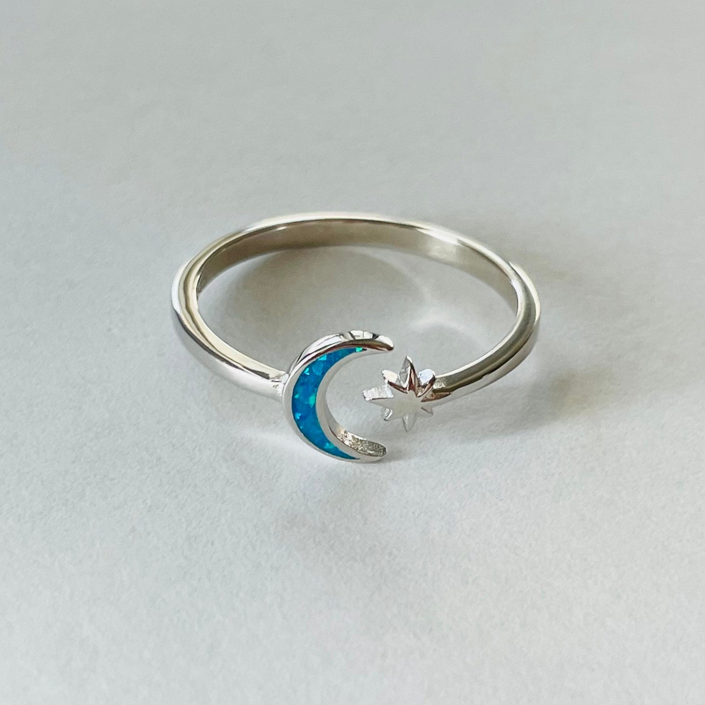 Sterling Silver Danity Twinkle Star and Half Moon Blue Lab Opal Ring, Celestial Moon Ring, Boho Ring, Moon Promise Ring, Promise Star Ring,