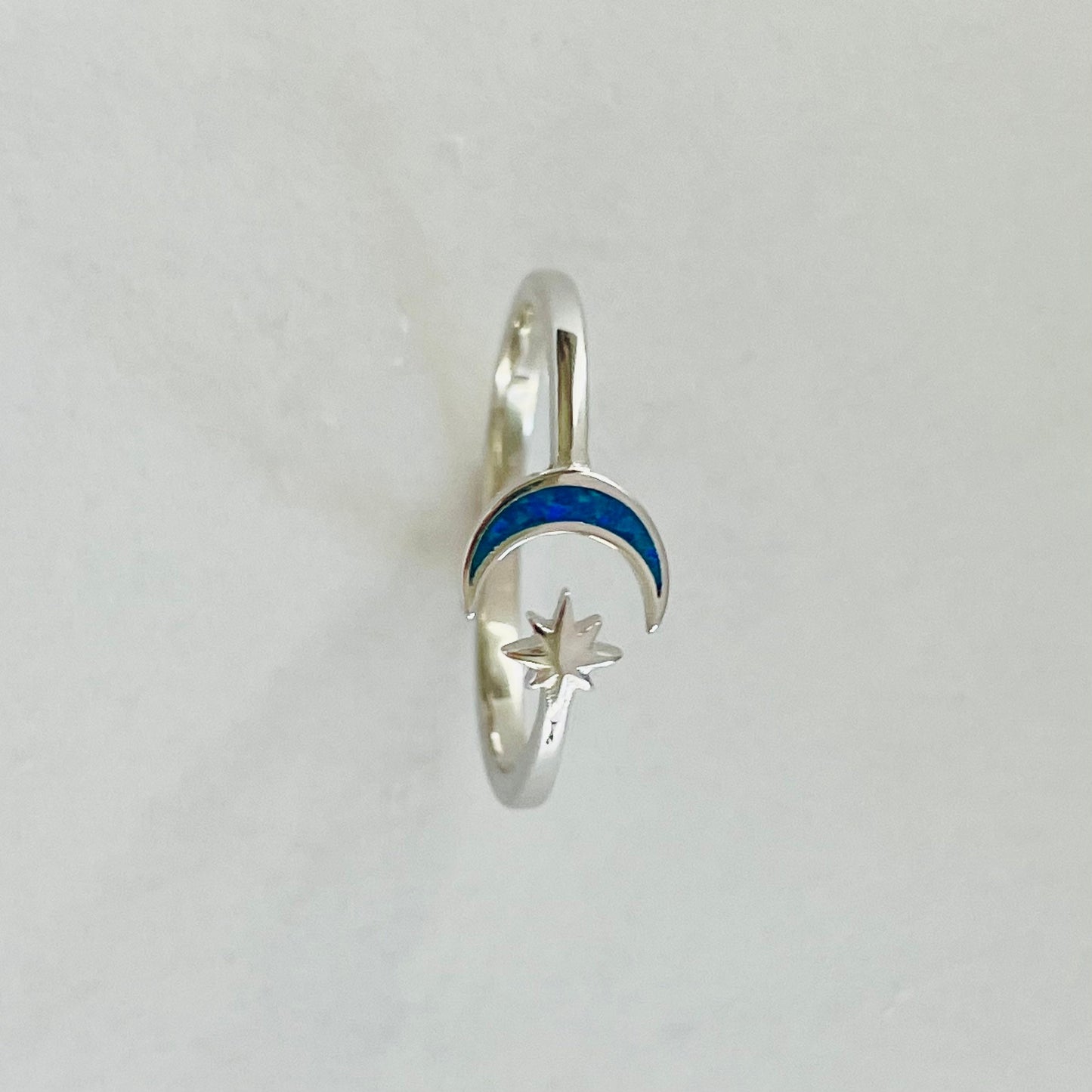 Sterling Silver Danity Twinkle Star and Half Moon Blue Lab Opal Ring, Celestial Moon Ring, Boho Ring, Moon Promise Ring, Promise Star Ring,