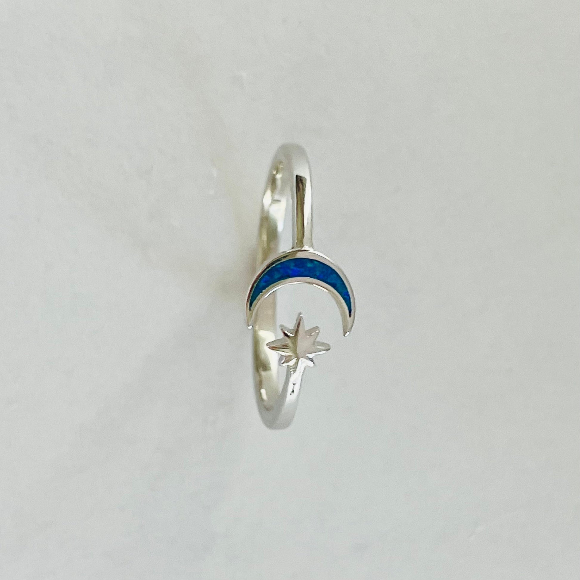 Sterling Silver Danity Twinkle Star and Half Moon Blue Lab Opal Ring, Celestial Moon Ring, Boho Ring, Moon Promise Ring, Promise Star Ring,