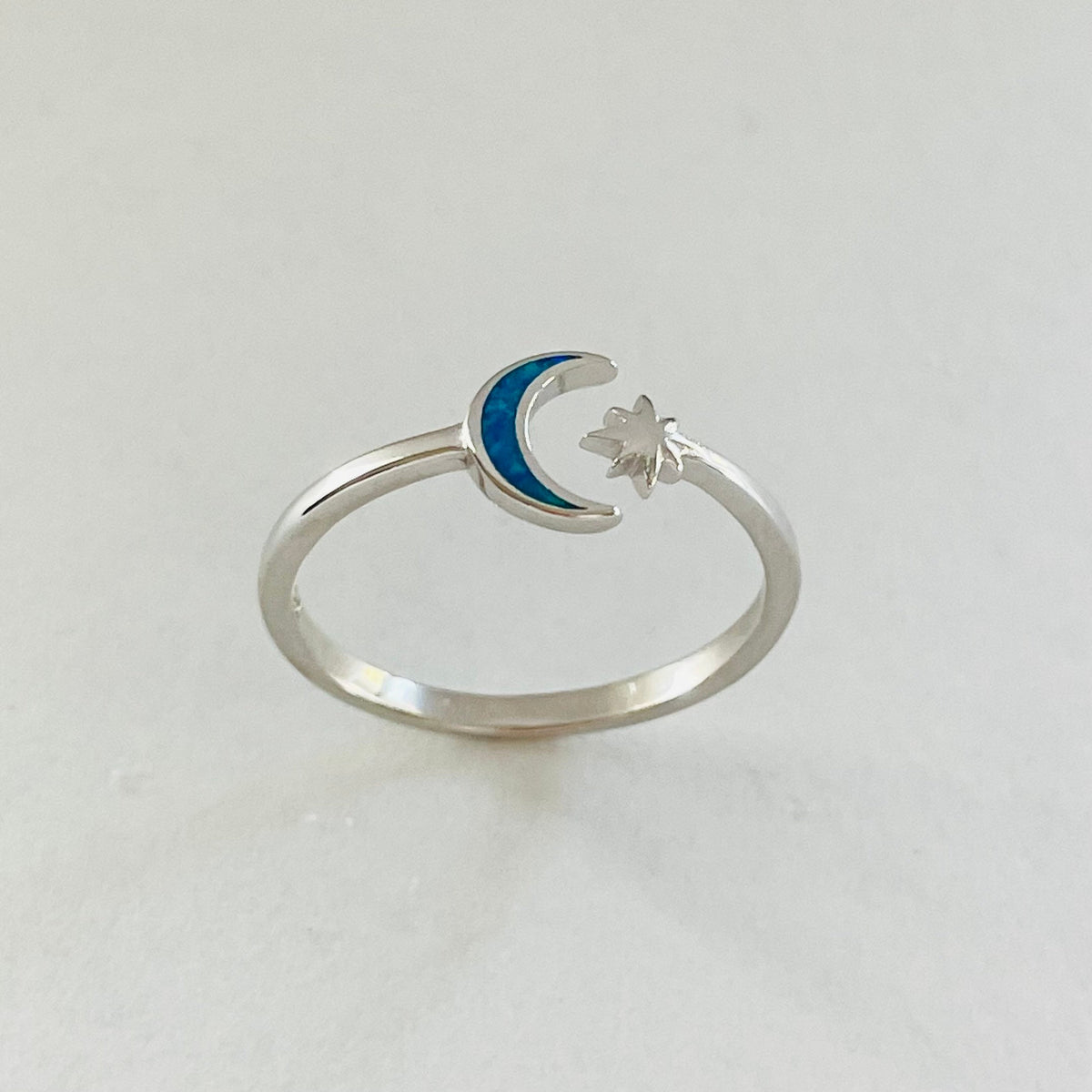 Sterling Silver Moon and Star Ring: Blue Lab Opal Celestial Jewelry