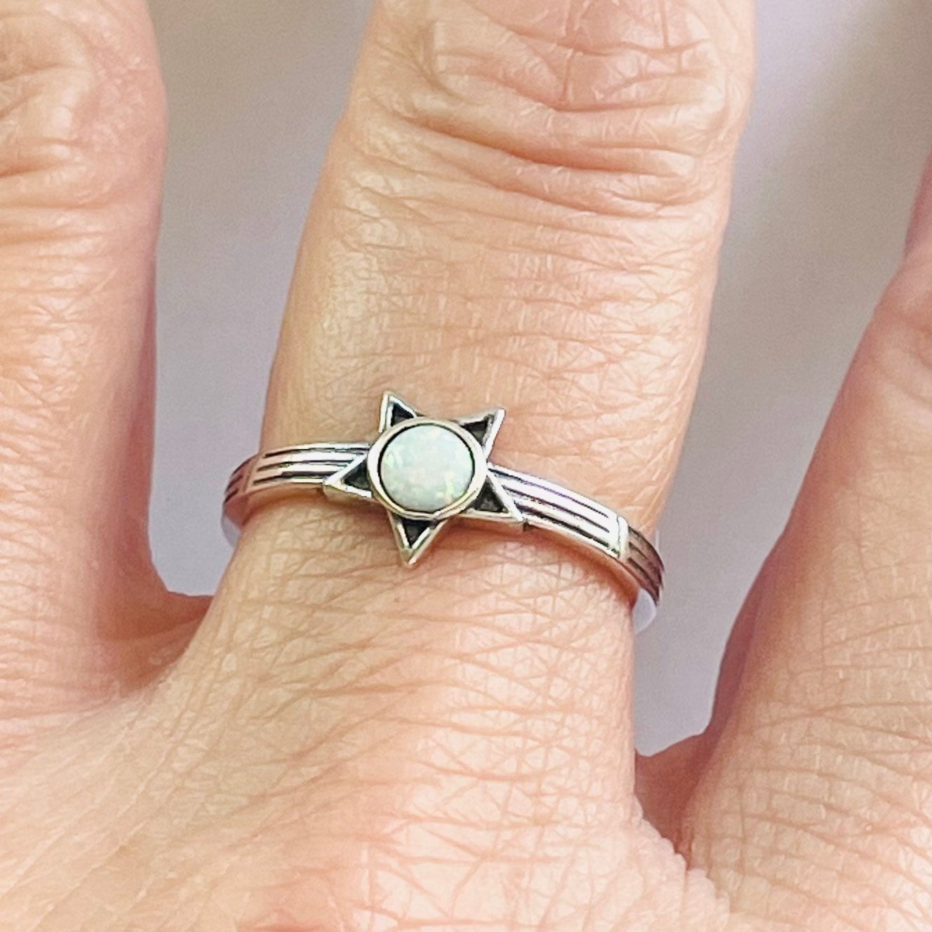 Sterling Silver Star Ring: White Lab Opal Boho Jewelry