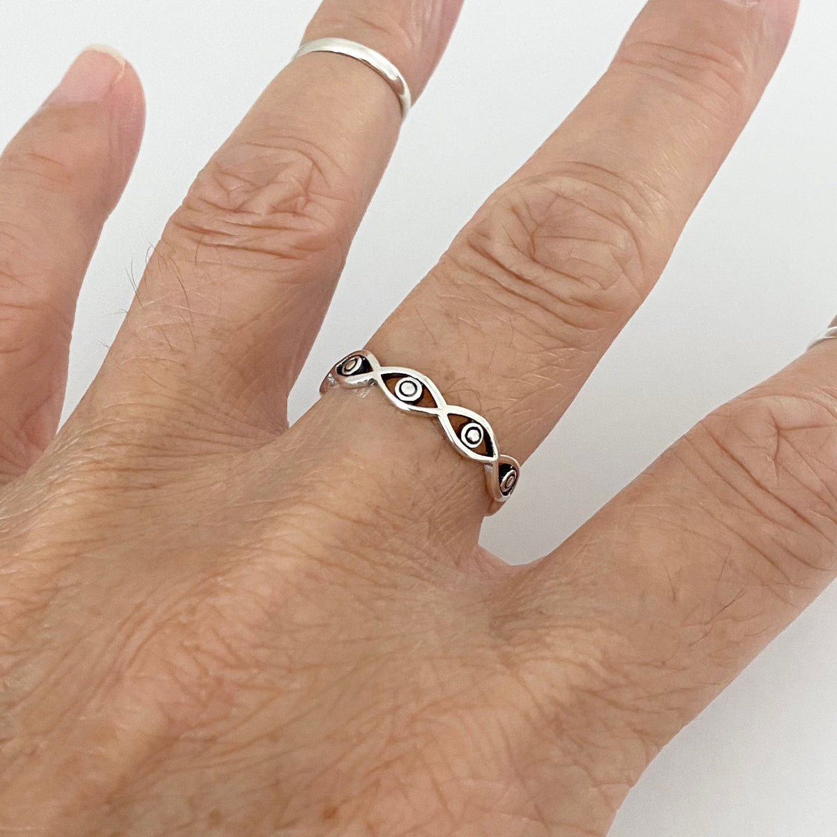 Sterling Silver Eternity Eyes Ring: Boho Religious Band