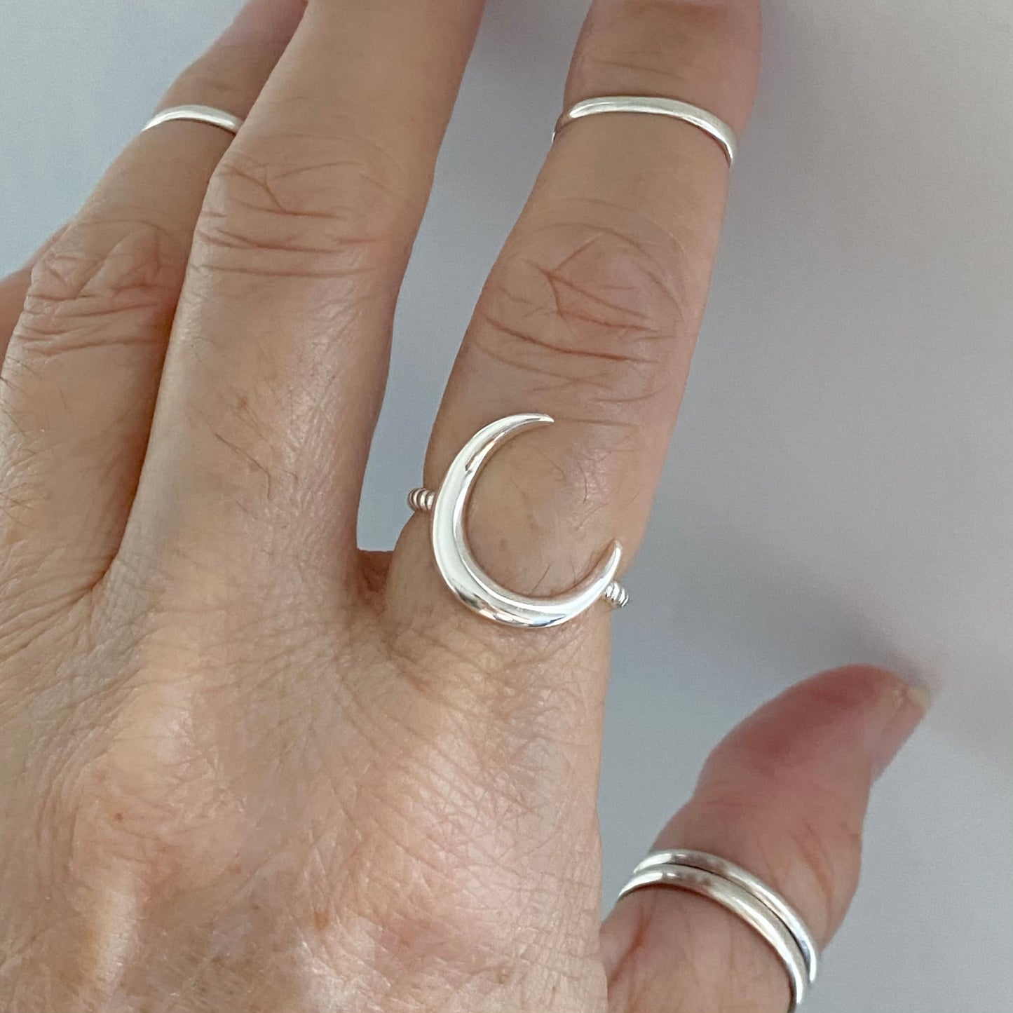 Sterling Silver Large or Small Crescent Moon Ring, Rope Band Ring, Silver Moon Ring, Dainty Ring, Large Moon Silver Ring, Silver Rope Ring