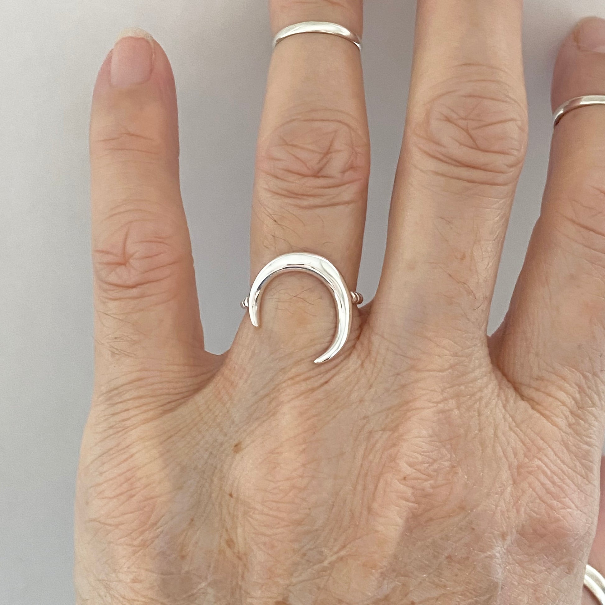 Sterling Silver Large or Small Crescent Moon Ring, Rope Band Ring, Silver Moon Ring, Dainty Ring, Large Moon Silver Ring, Silver Rope Ring