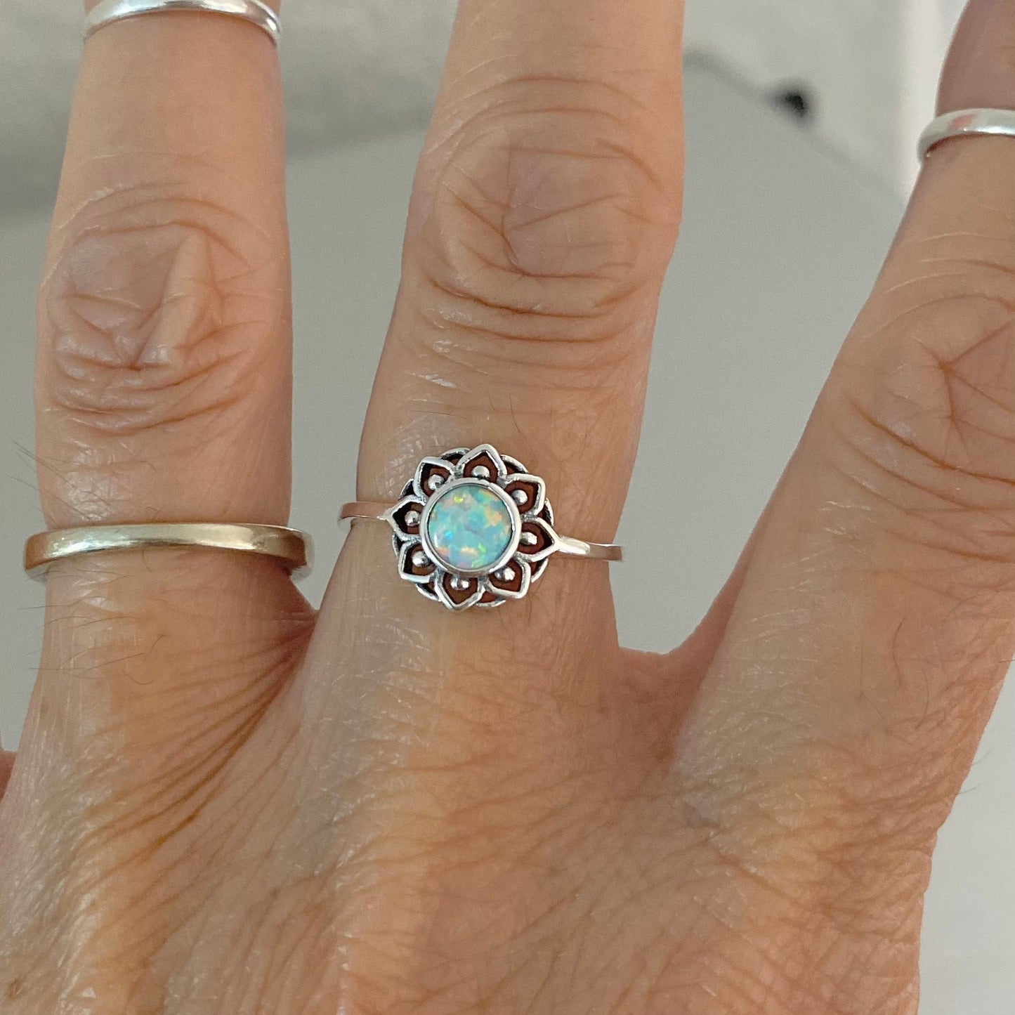 Sterling Silver Mandala Ring: White or Blue Lab Opal Floral Ring