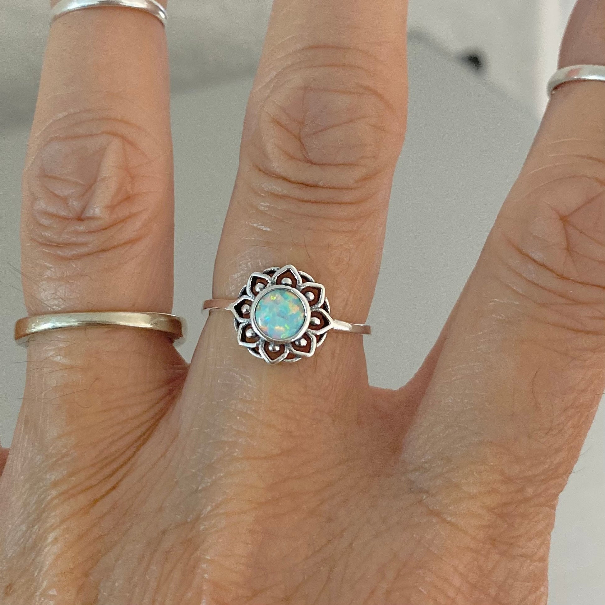 Sterling Silver Mandala Ring: White or Blue Lab Opal Floral Ring