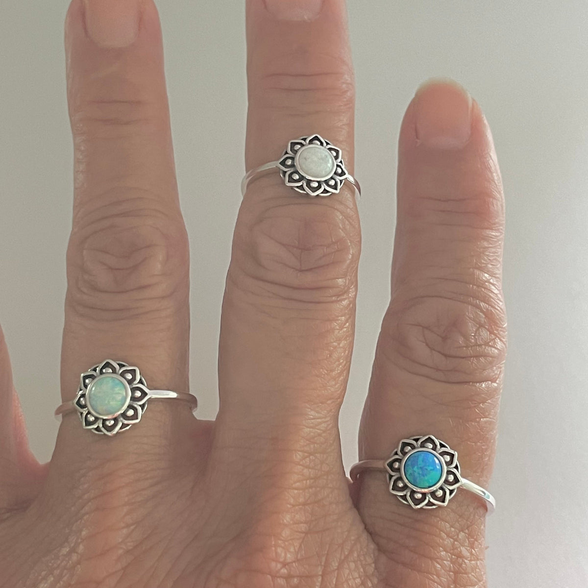 Sterling Silver Mandala Ring: White or Blue Lab Opal Floral Ring