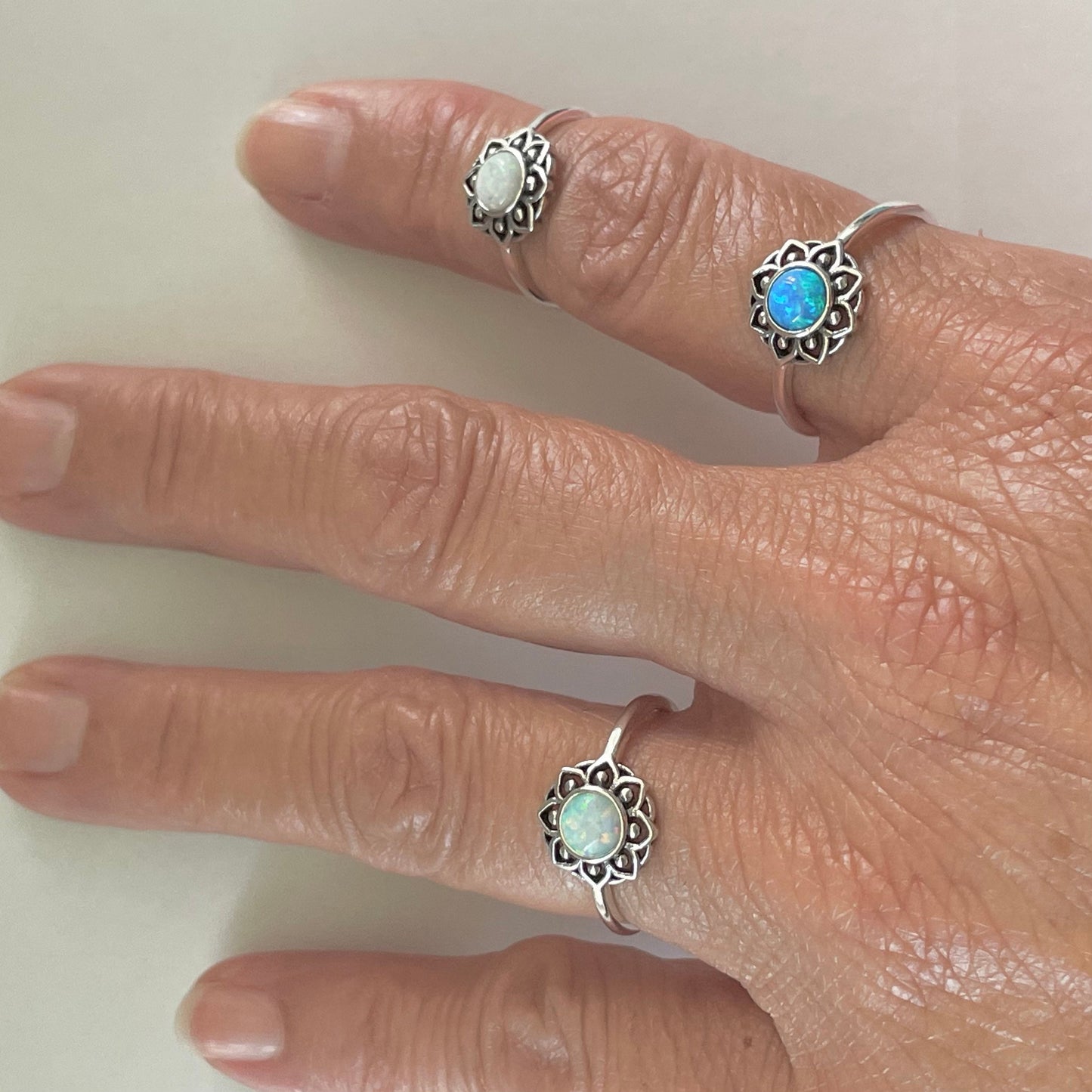 Sterling Silver Mandala Ring: White or Blue Lab Opal Floral Ring