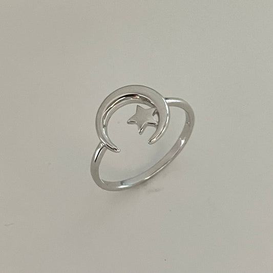 Sterling Silver Crescent Moon Star Ring: Celestial Jewelry