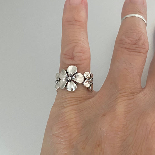 Sterling Silver Plumeria Flower Ring: Hawaiian Floral Statement