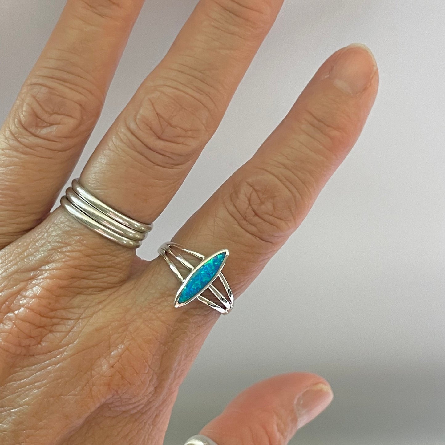 Blue Opal Sterling Silver Ring: Diamond Shape Boho Statement Ring