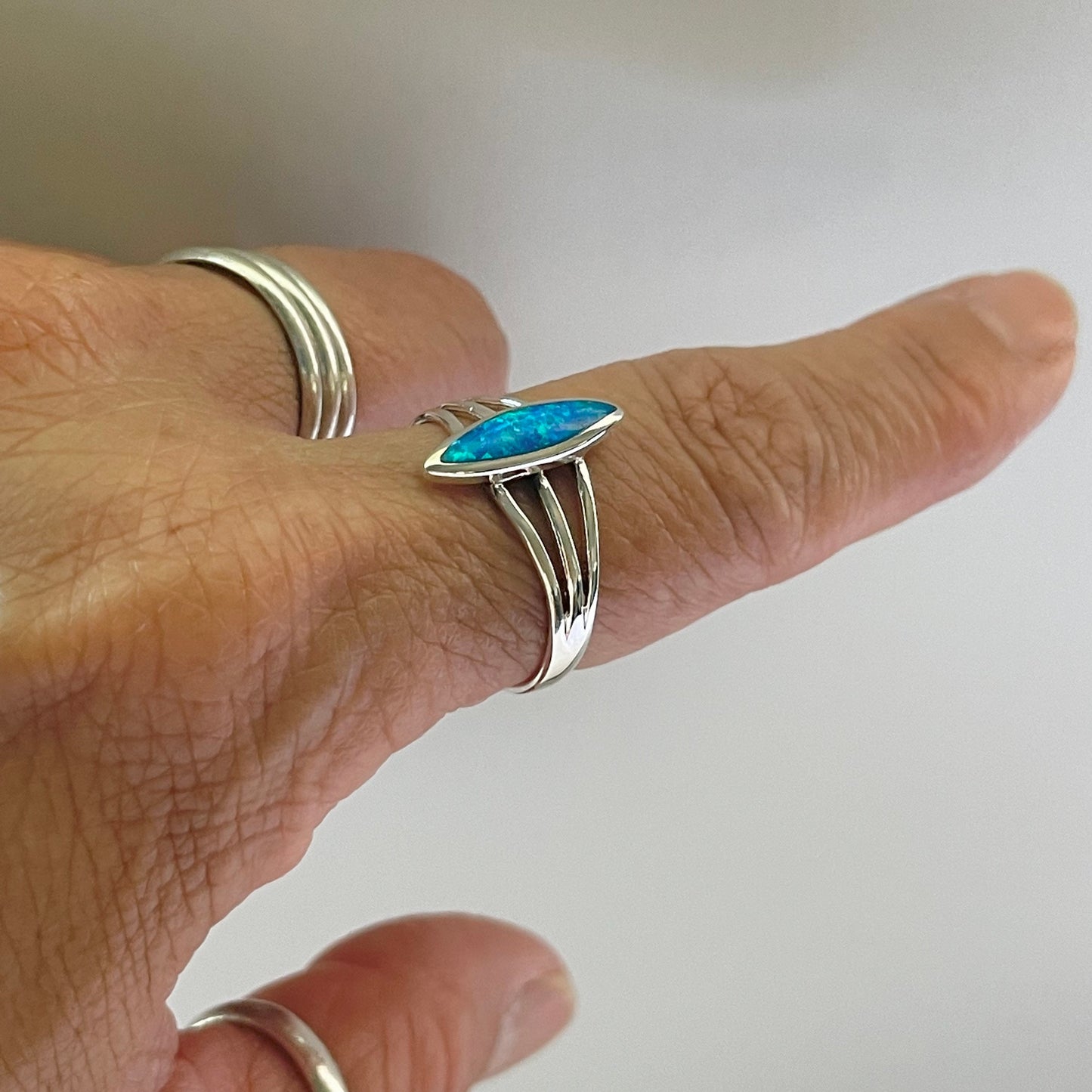 Blue Opal Sterling Silver Ring: Diamond Shape Boho Statement Ring