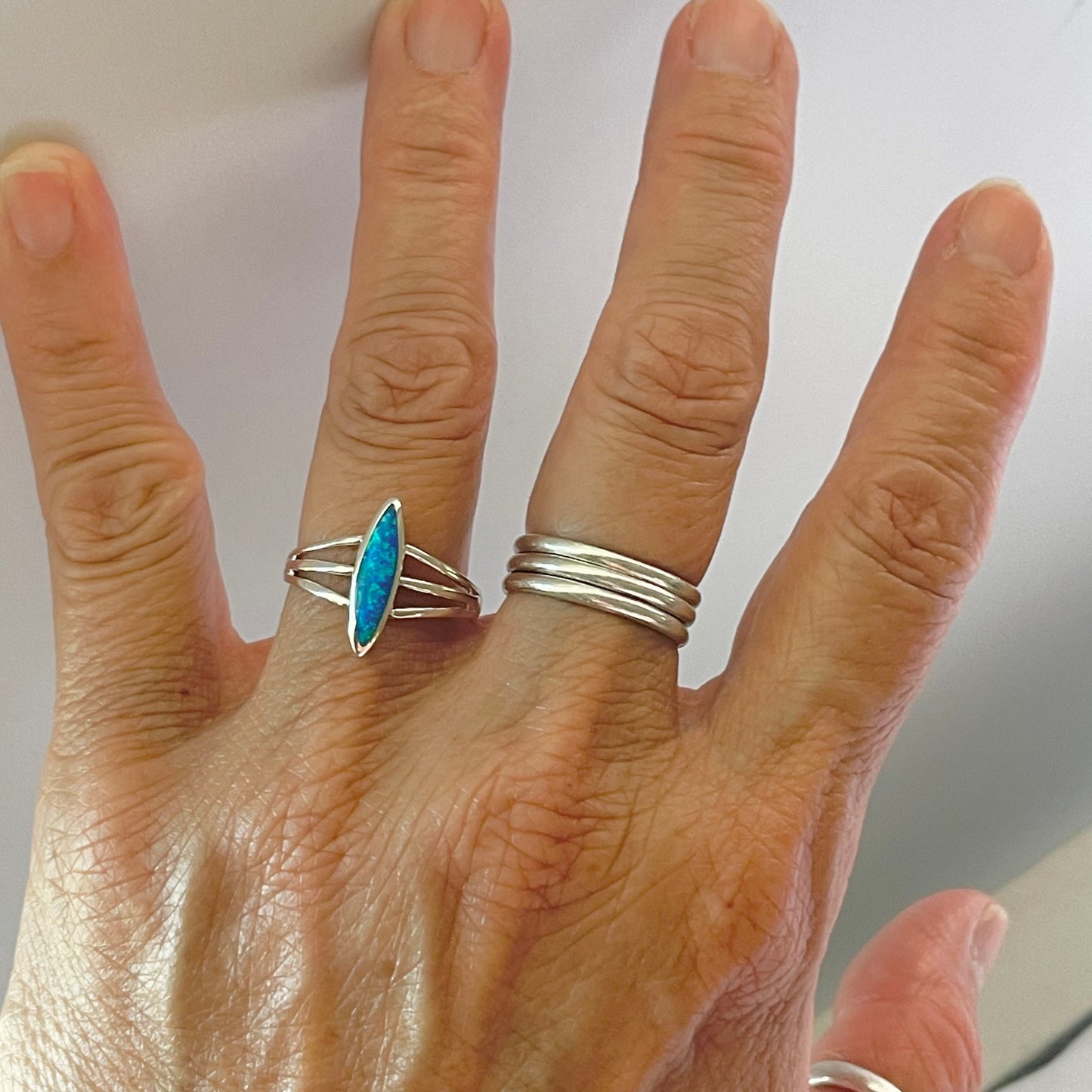 Blue Opal Sterling Silver Ring: Diamond Shape Boho Statement Ring