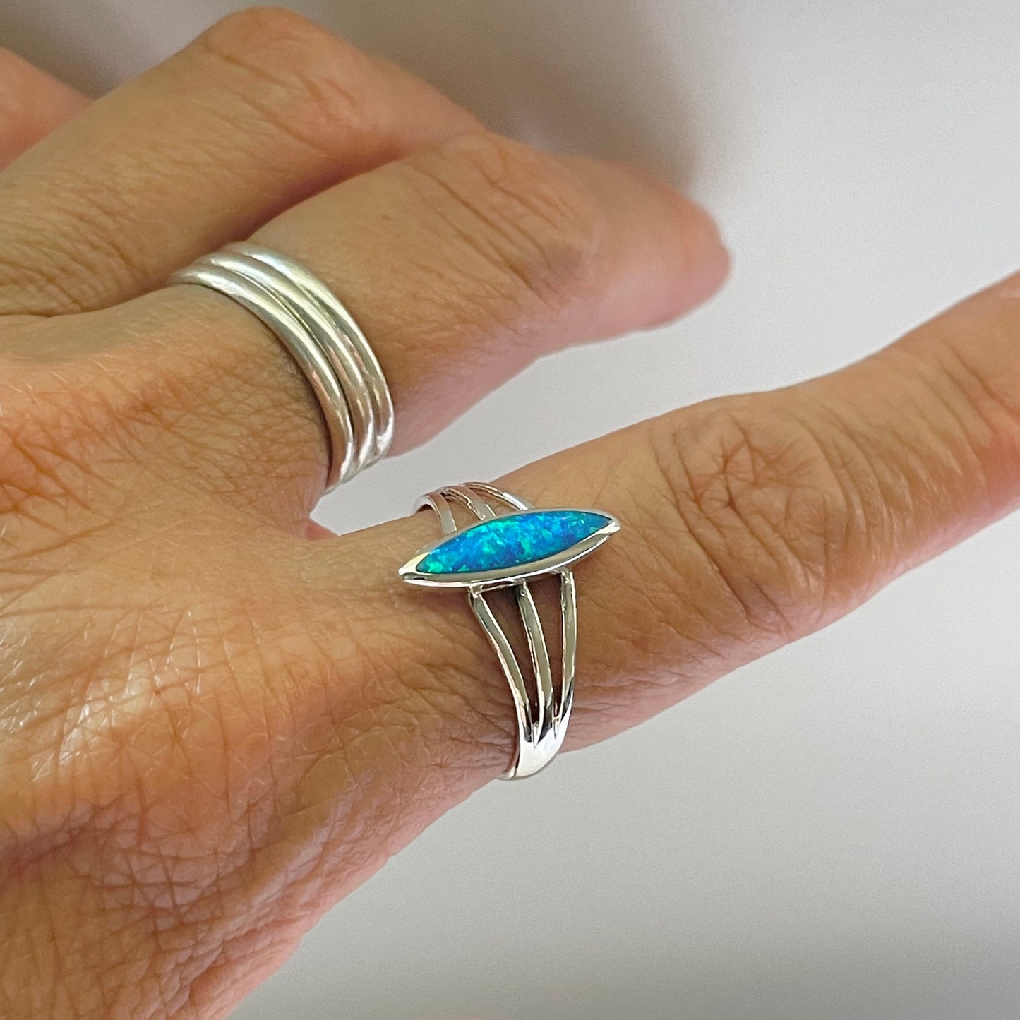 Blue Opal Sterling Silver Ring: Diamond Shape Boho Statement Ring