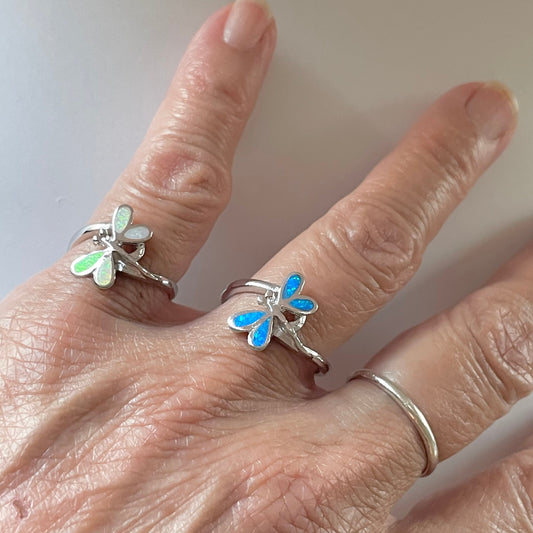 Sterling Silver Dragonfly Ring: Blue or White Lab Opal Boho Ring