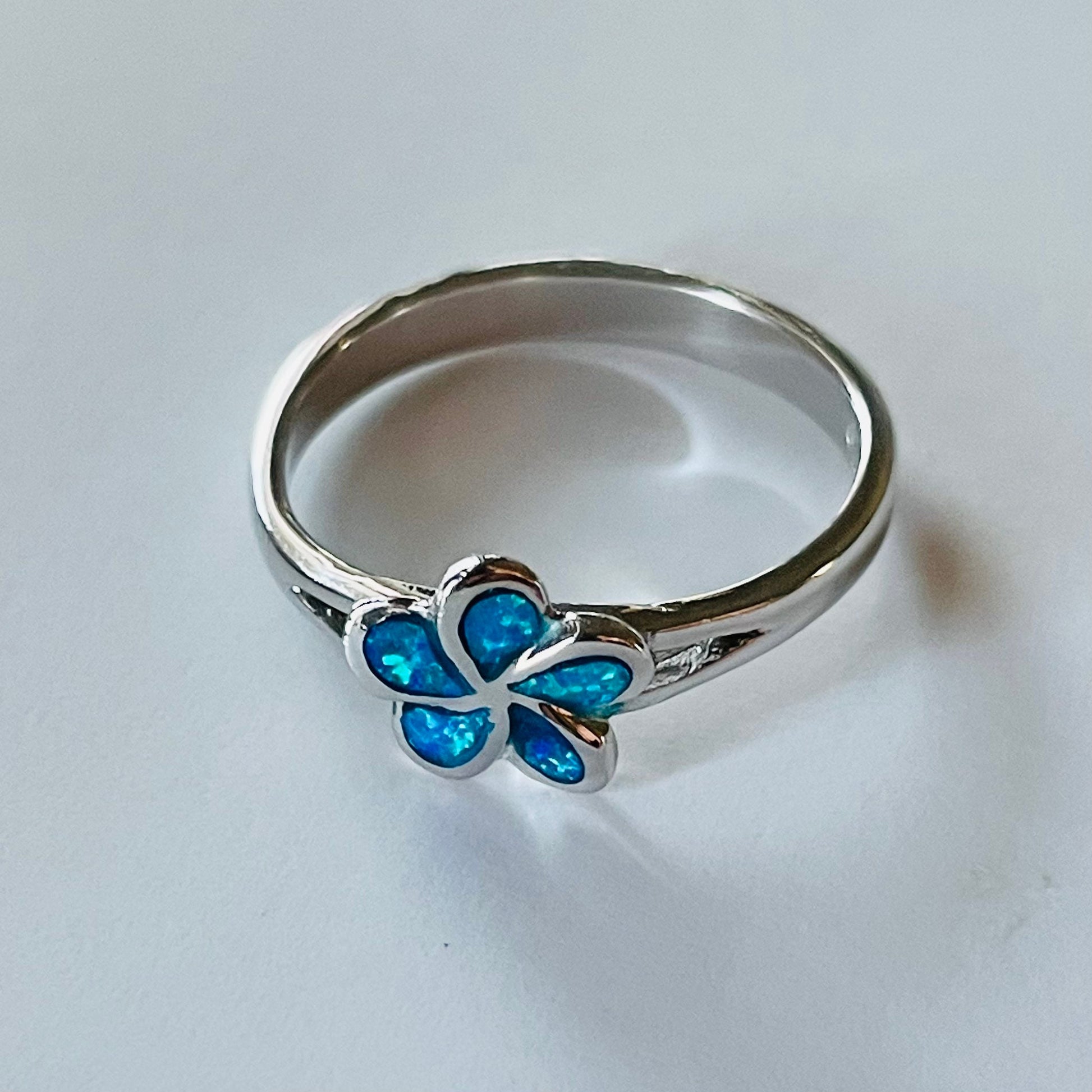 Sterling Silver Blue Lab Opal Plumeria Flower, Silver Flower Ring, Hawaii Flower Ring, Plumeria Ring, Blue Opal Ring, Promise Flower Ring