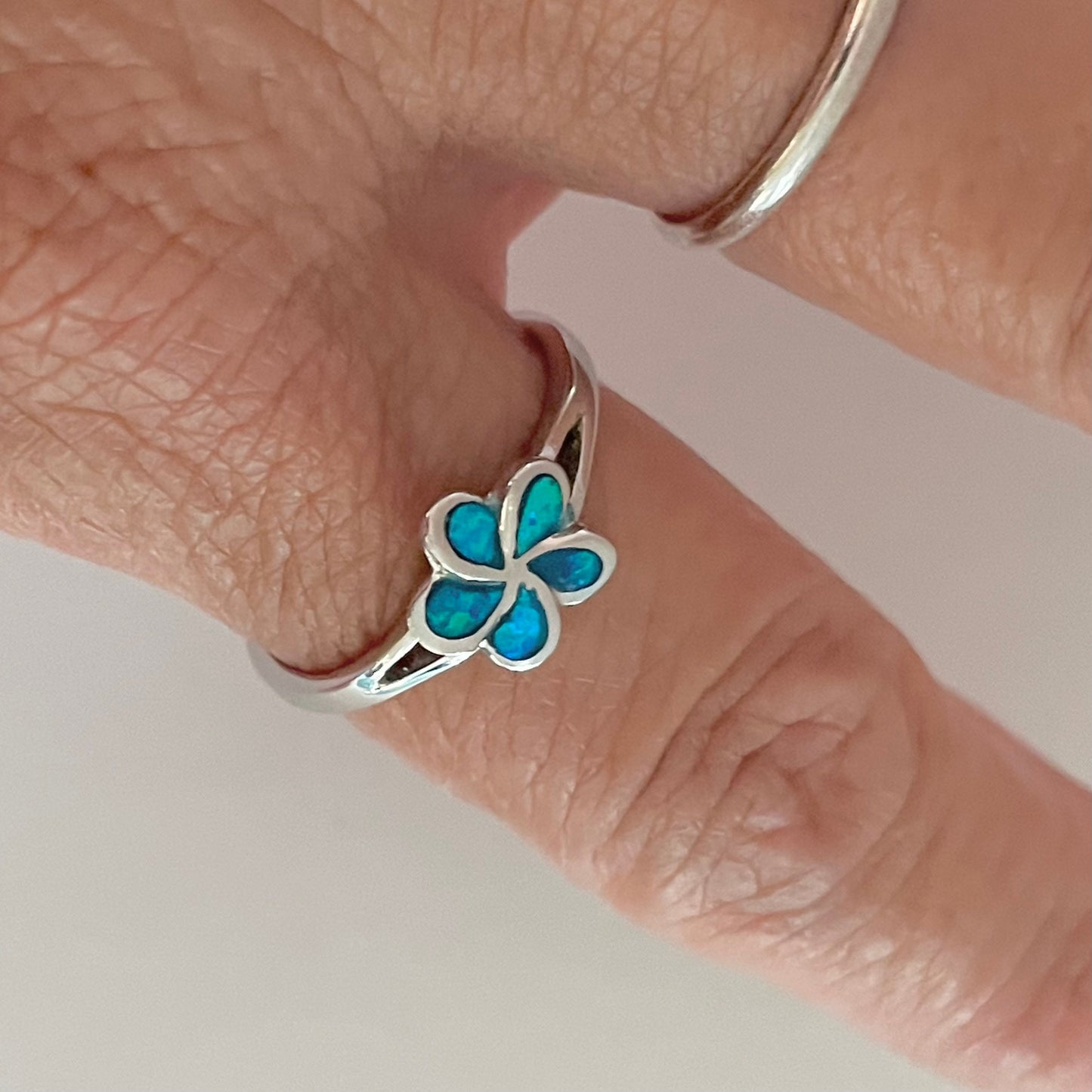 Sterling Silver Blue Lab Opal Plumeria Flower, Silver Flower Ring, Hawaii Flower Ring, Plumeria Ring, Blue Opal Ring, Promise Flower Ring