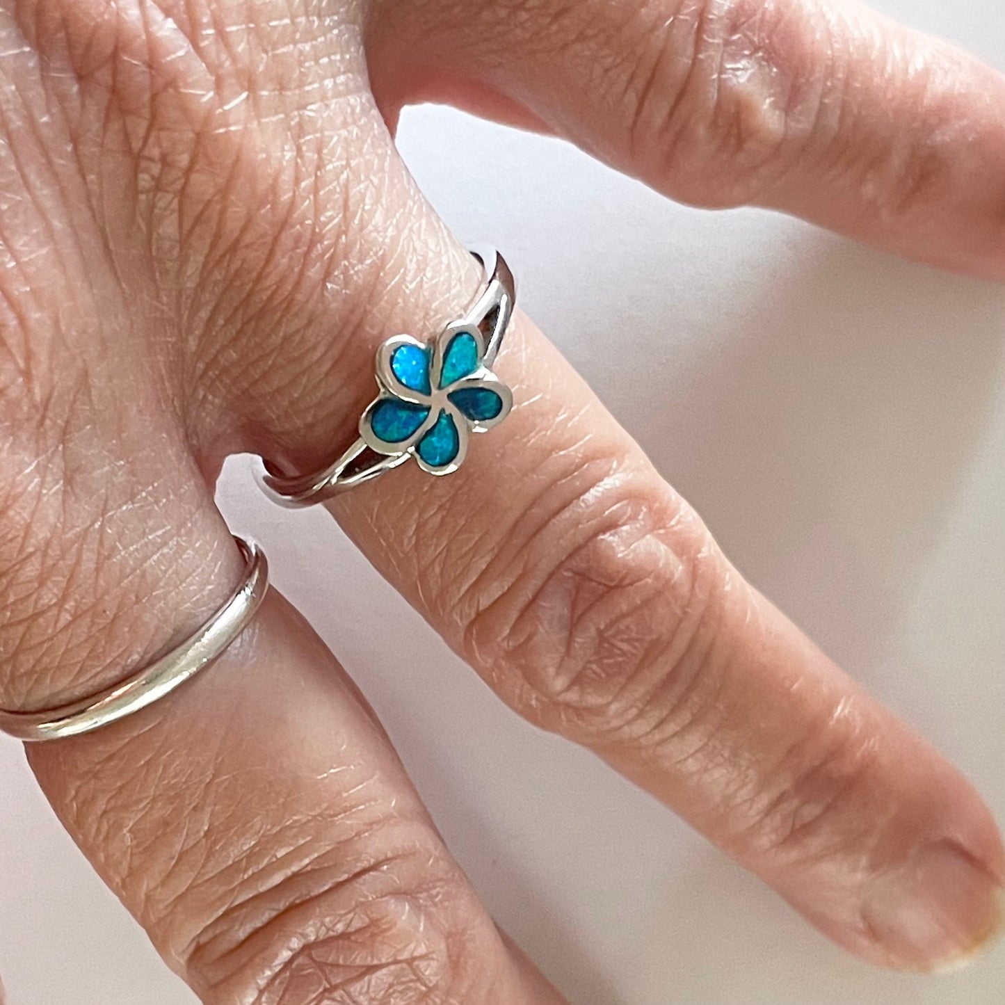 Sterling Silver Blue Lab Opal Plumeria Flower, Silver Flower Ring, Hawaii Flower Ring, Plumeria Ring, Blue Opal Ring, Promise Flower Ring