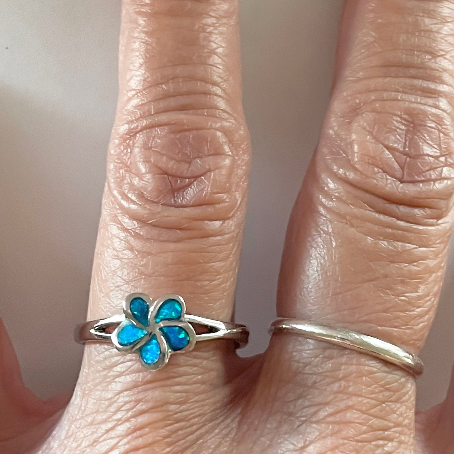 Sterling Silver Blue Lab Opal Plumeria Ring: Hawaiian Flower Jewelry