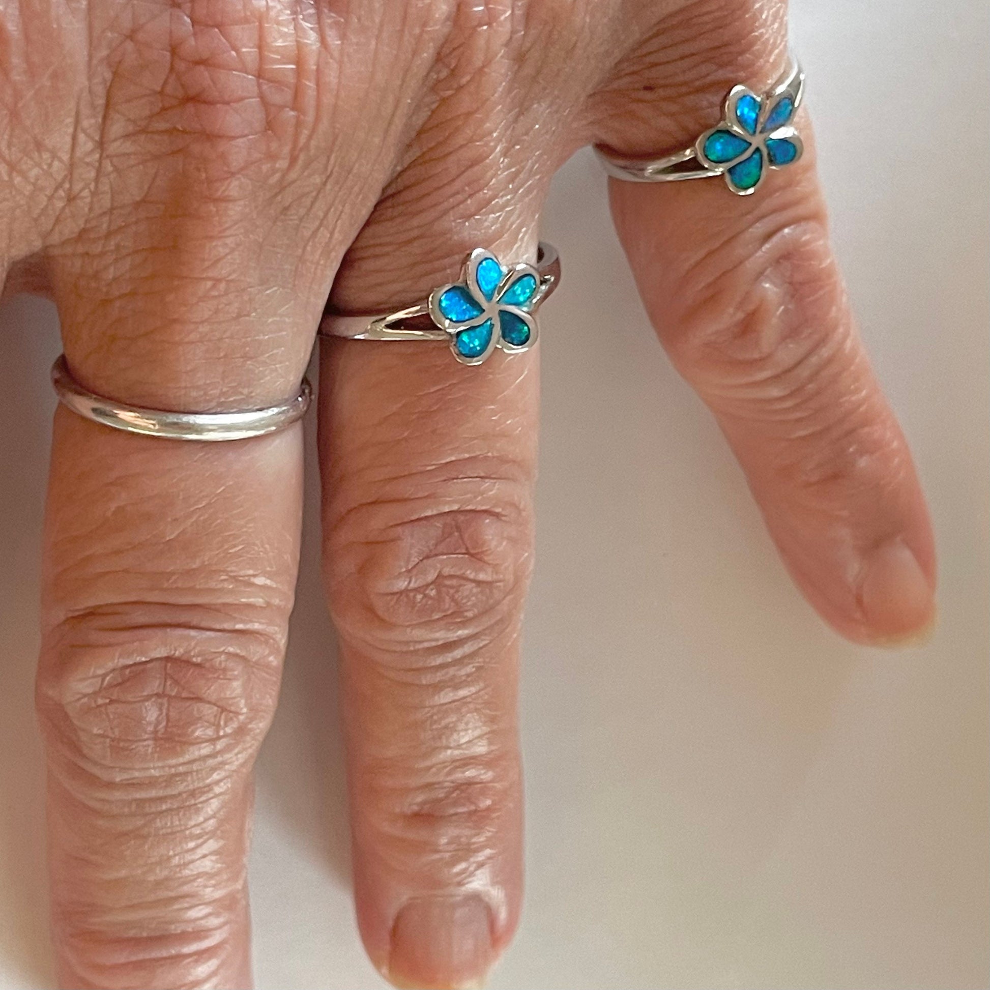 Sterling Silver Blue Lab Opal Plumeria Flower, Silver Flower Ring, Hawaii Flower Ring, Plumeria Ring, Blue Opal Ring, Promise Flower Ring