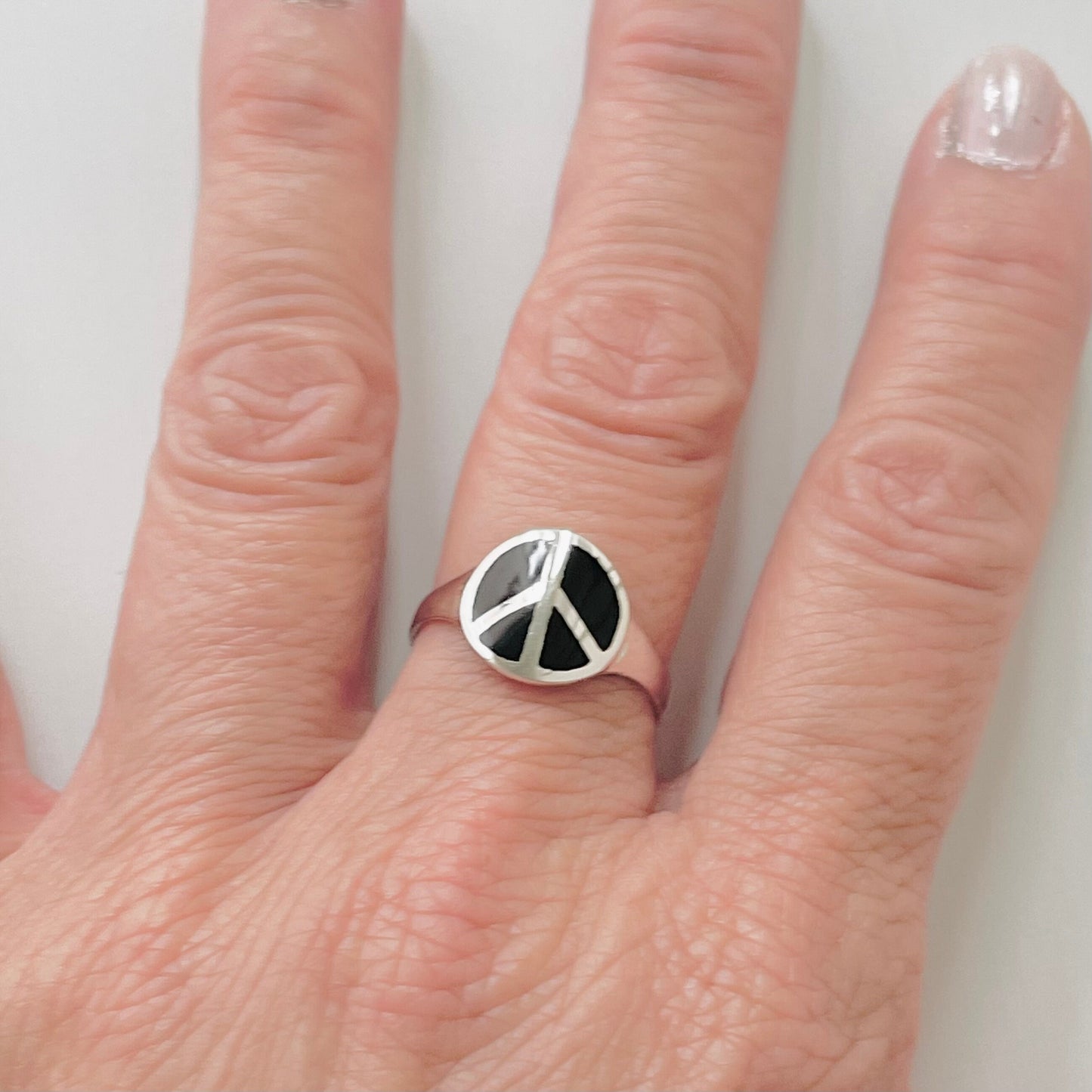 Sterling Silver Black Agate Peace Sign Ring: Boho Hippie Jewelry