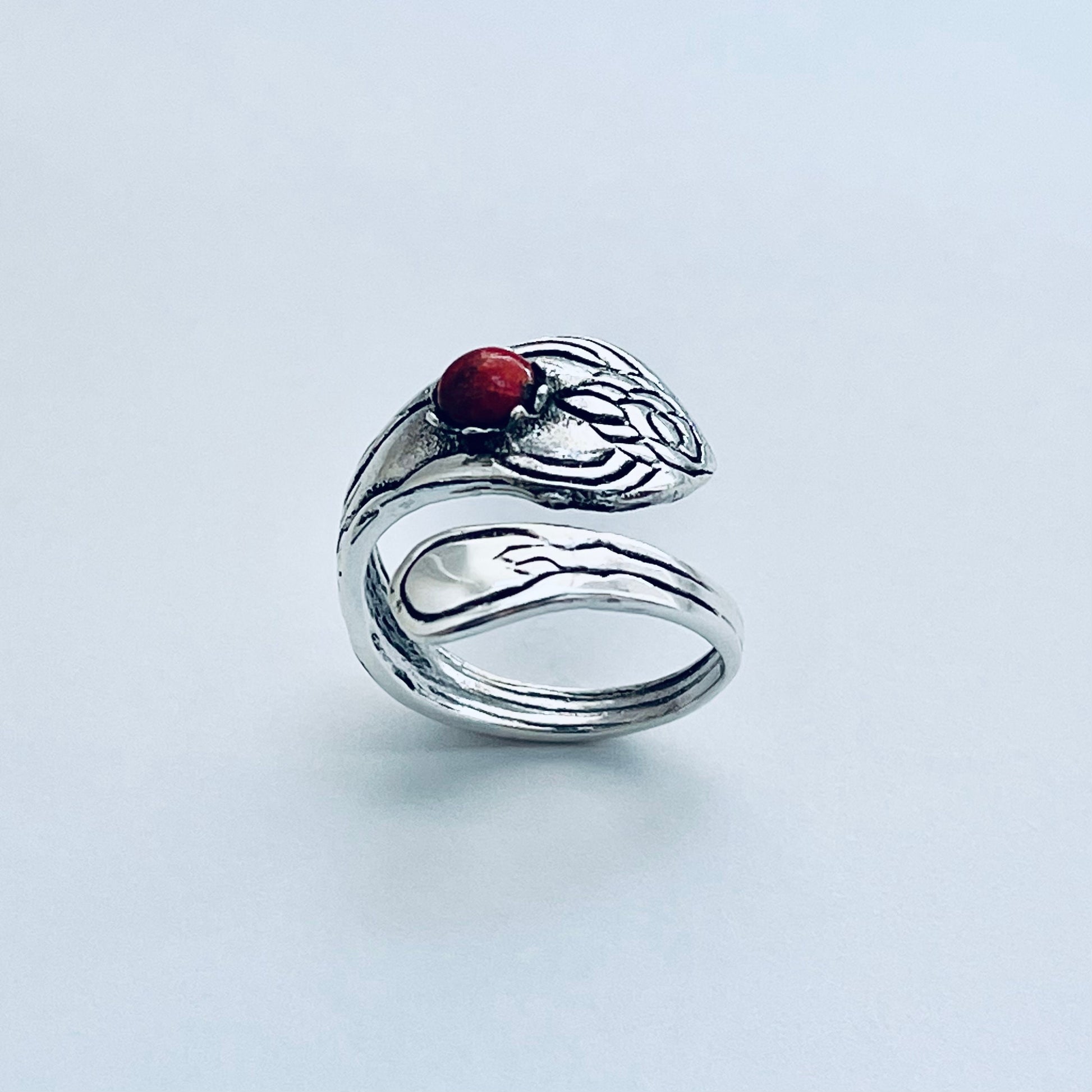 Sterling Silver Spoon Style Ring with Red Agate Stone, Flower, Love, Boho, Stone, Silver, Statement Ring