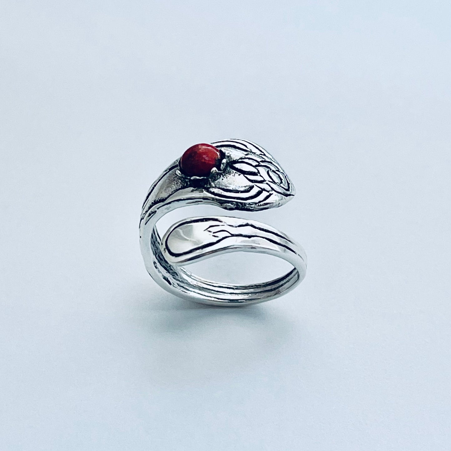 Sterling Silver Spoon Ring: Red Agate, Flower Design, Boho Statement