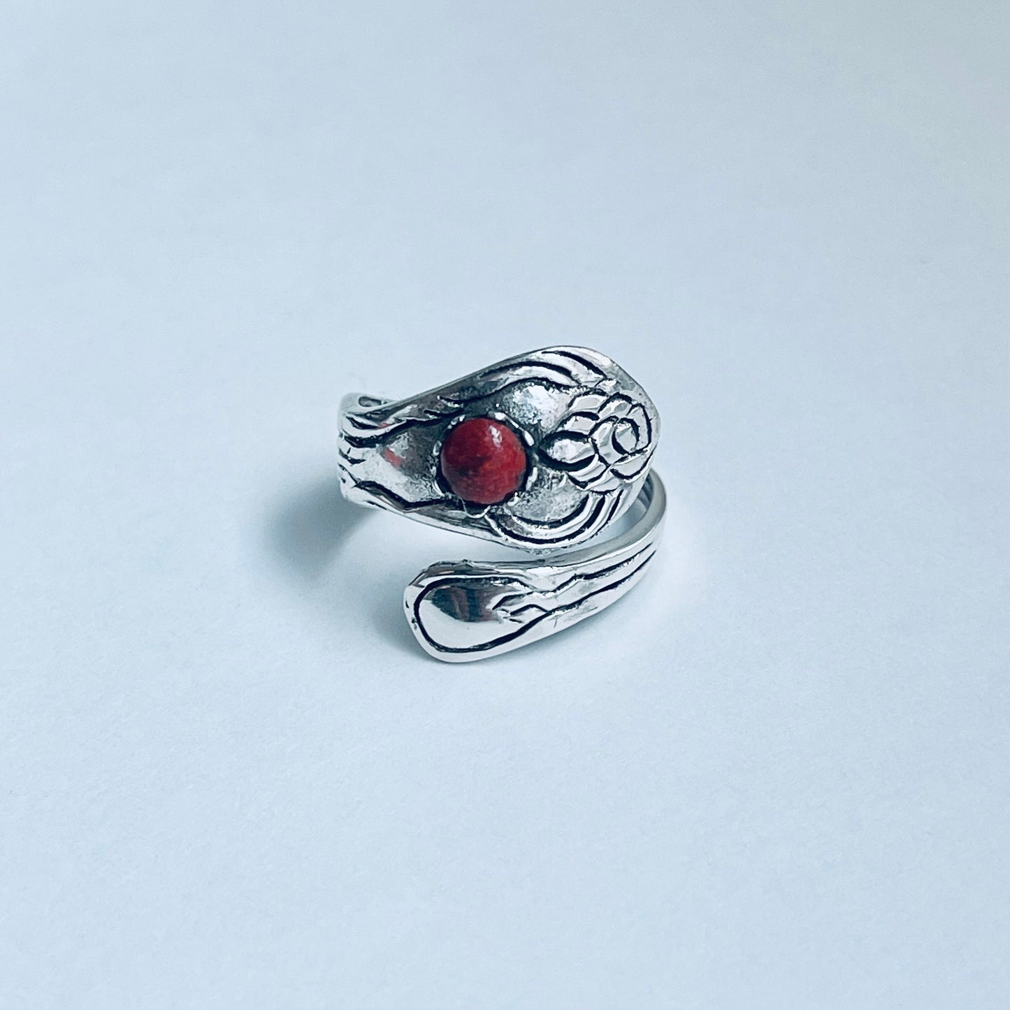 Sterling Silver Spoon Style Ring with Red Agate Stone, Flower, Love, Boho, Stone, Silver, Statement Ring